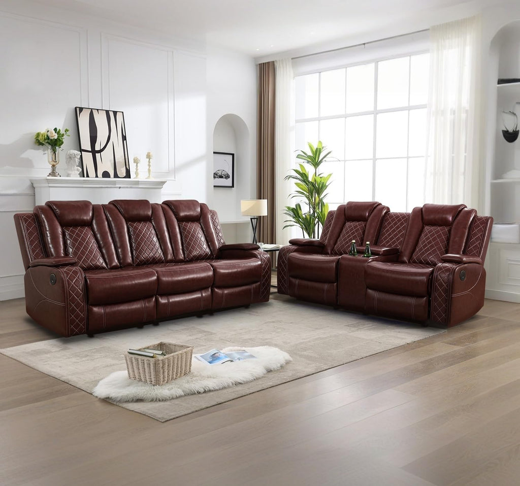 Power Recliner Set with LED Lights, Air Leather Reclining Set with USB Port/Wireless Charger/Storage Console/Cup Holder for House/HomeTheater/Apt (Black, Sofa Loveseat Chair)