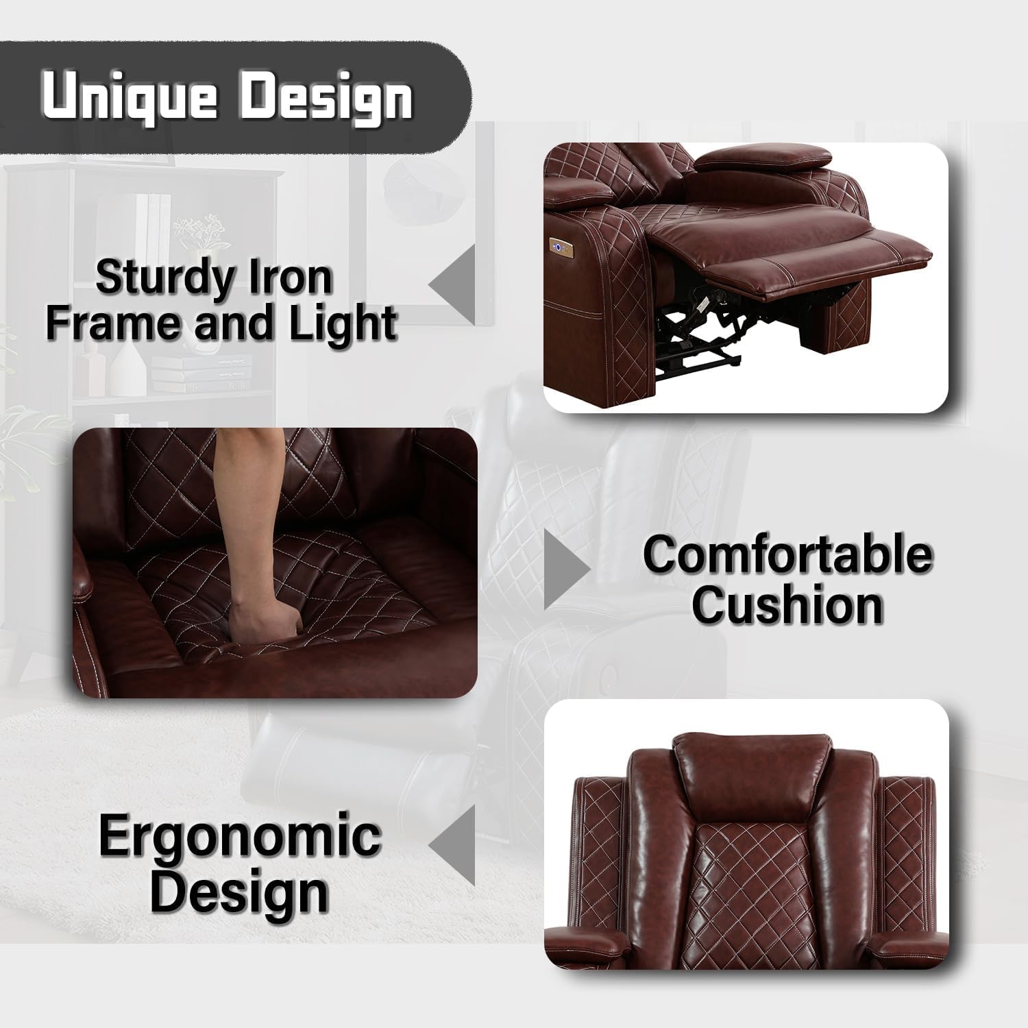 Power Recliner Set with LED Lights, Air Leather Reclining Set with USB Port/Wireless Charger/Storage Console/Cup Holder for House/HomeTheater/Apt (Black, Sofa Loveseat Chair)