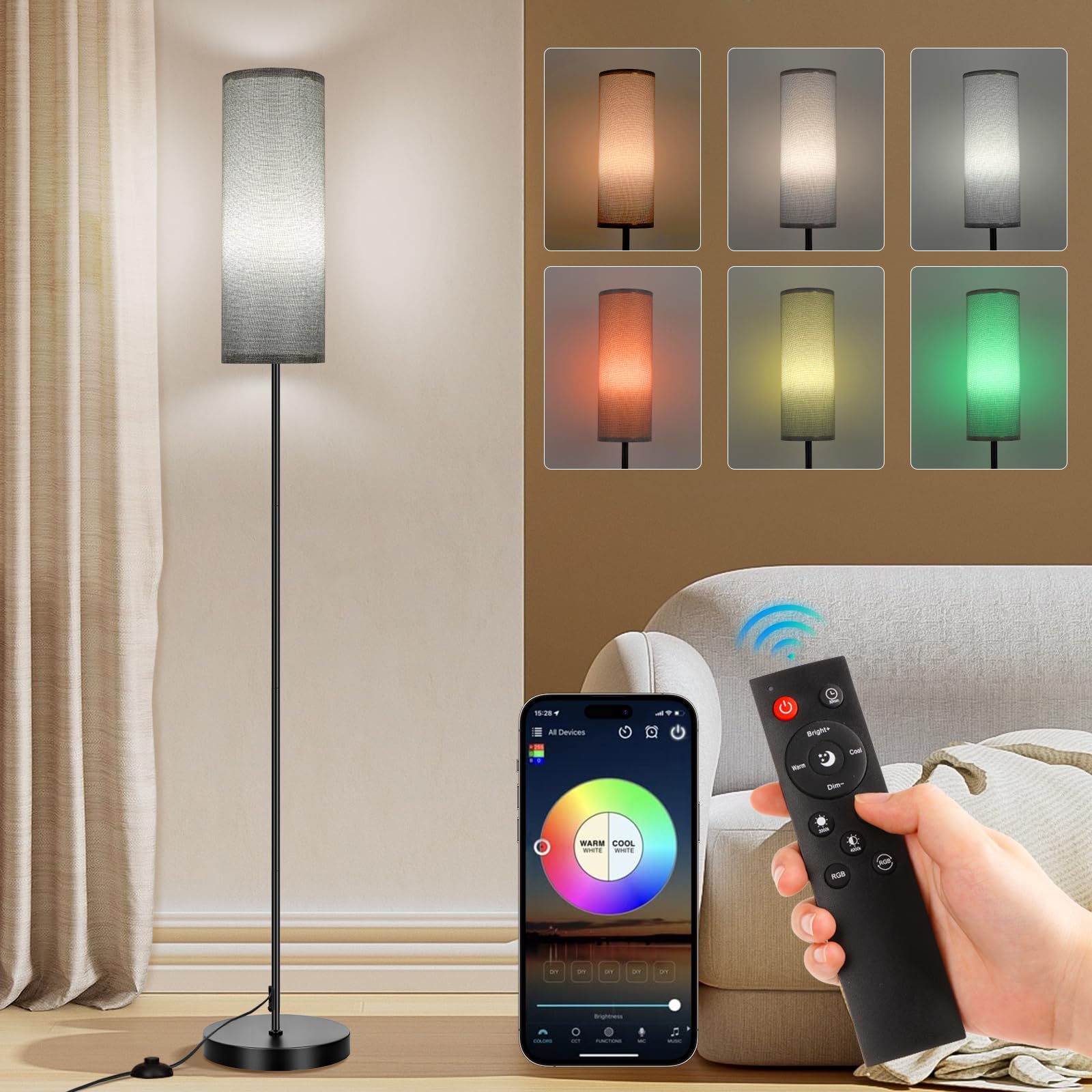 FRIDEKO HOME 2 Pack Floor Lamps for Living Room, Dimmable Colors Temperature & Brightness, Modern Floor Lamp with Remote, Tall Standing Lamps for Living Room Bedroom Office, Beige Shade 9W Smart Bulb