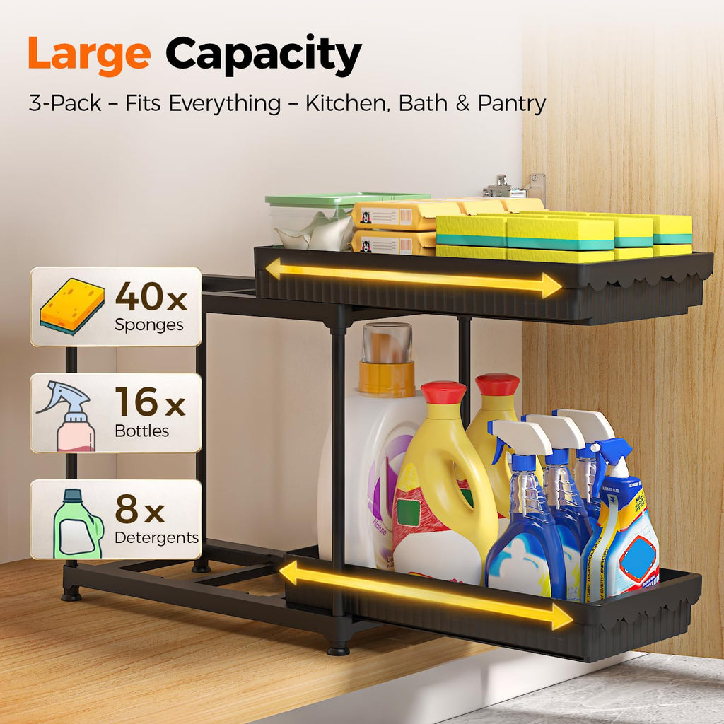 Sevenblue 3 Pack Under Sink Organizers,2-Tier Multi-Use Kitchen and Bathroom Organizers and Storage with Sliding Drawers,Bathroom Cabinet Organizer (Black, 12.8 Inch)