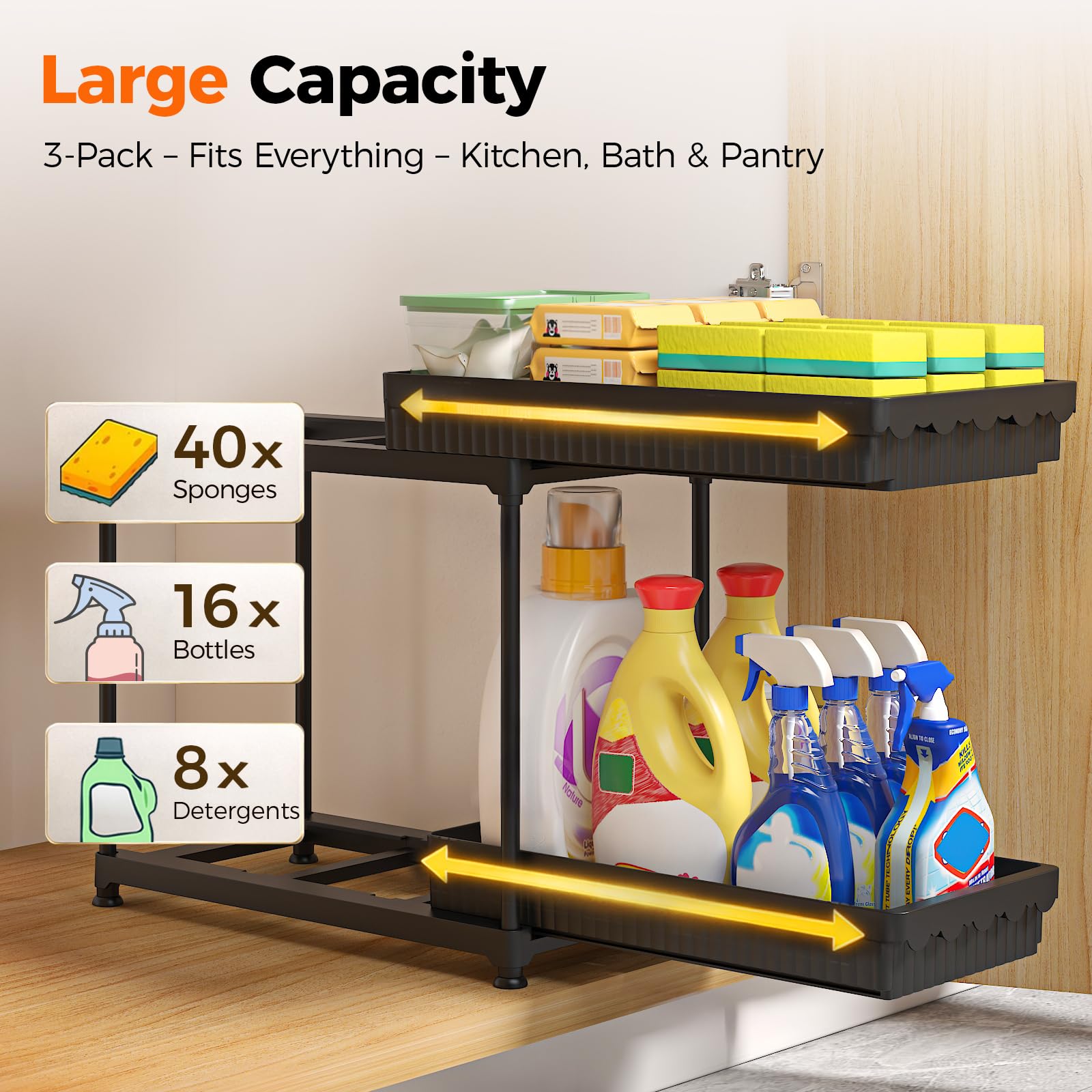 Sevenblue 3 Pack Under Sink Organizers,2-Tier Multi-Use Kitchen and Bathroom Organizers and Storage with Sliding Drawers,Bathroom Cabinet Organizer (Black, 12.8 Inch)