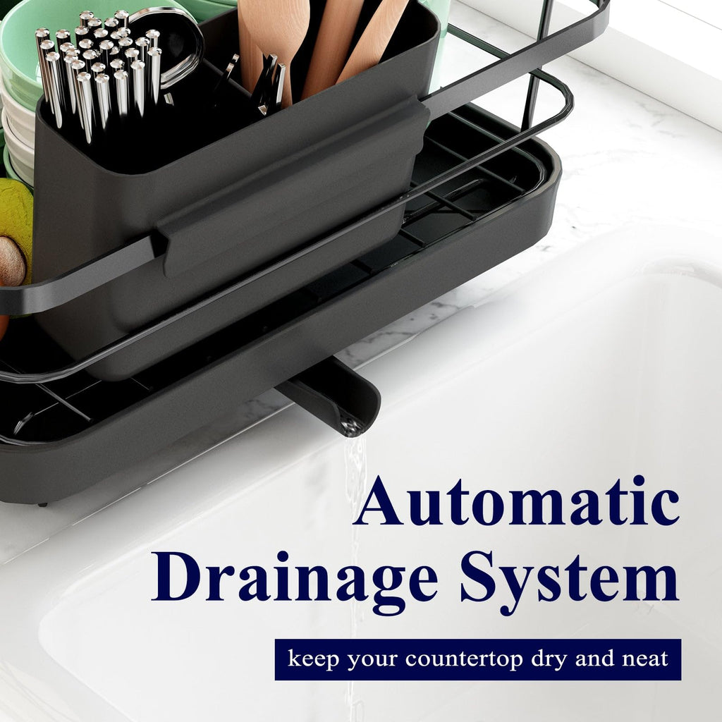 Kitsure Dish Drying Rack for Kitchen Counter, Stainless Steel Sink Organization and Storage Essentials with Cutlery Holder, Home and Appartment Decor, 12''W x 15.5''L, Black