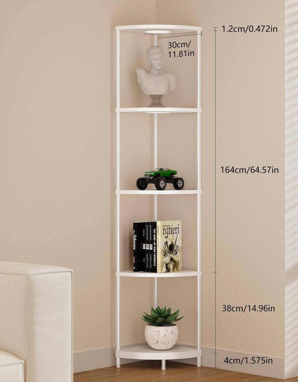 Corner Shelf with RGBCW LED Light, 64.5” Tall Floor Lamp Narrow Bookshelf Organizer, Standing Shelves with Metal Pole, Display Storage Rack for Wall Corner, Living Room, Bedroom, Office Décor, Black