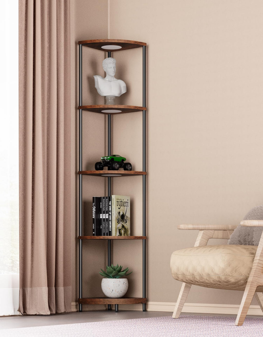 Corner Shelf with RGBCW LED Light, 64.5” Tall Floor Lamp Narrow Bookshelf Organizer, Standing Shelves with Metal Pole, Display Storage Rack for Wall Corner, Living Room, Bedroom, Office Décor, Black
