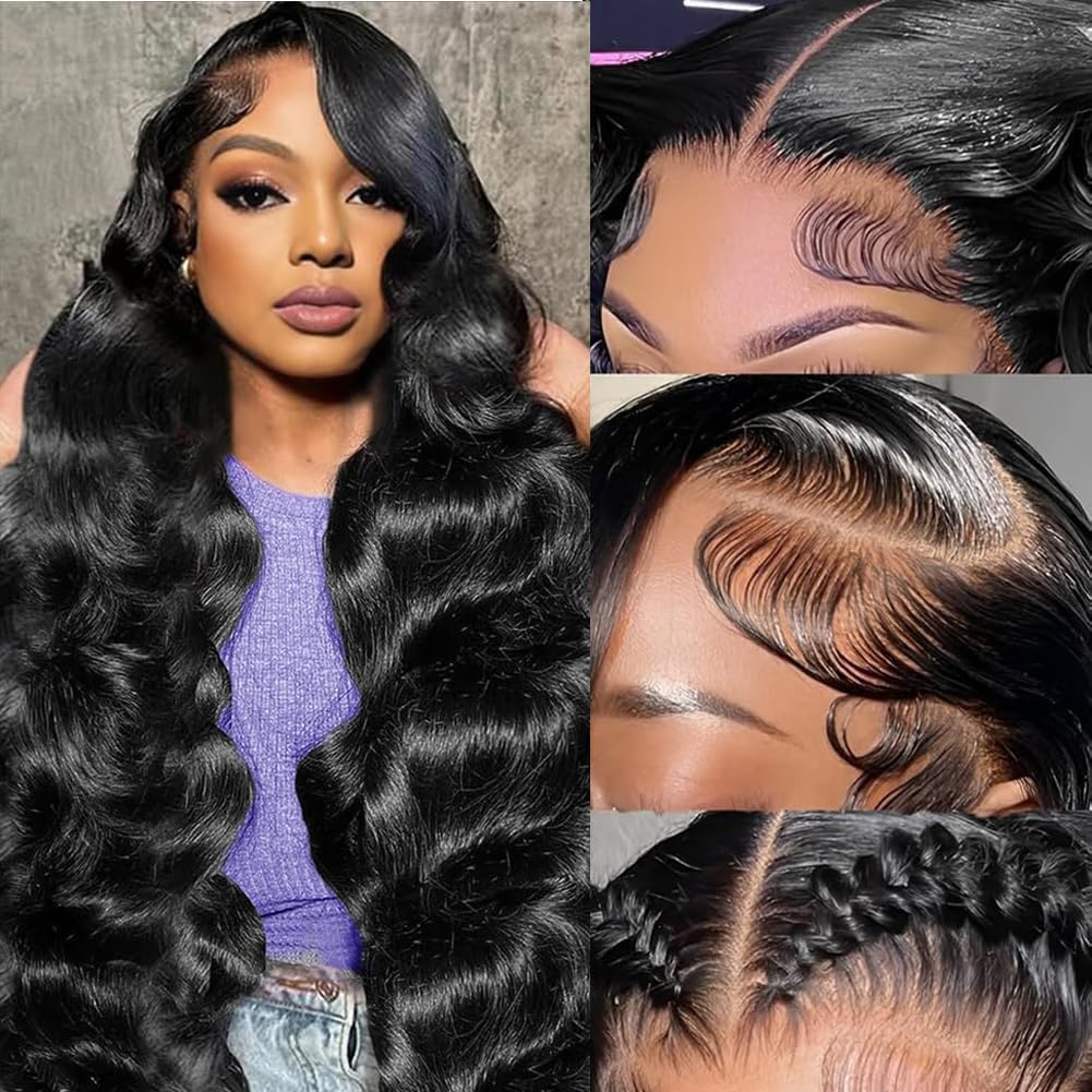 30 Inch Body Wave Lace Front Wigs Human Hair 200 Density 13x6 HD Lace Frontal Wigs Pre Plucked Glueless Brazilian Virgin Human Wig with Baby Hair Body Wave wigs for Women Natural Black