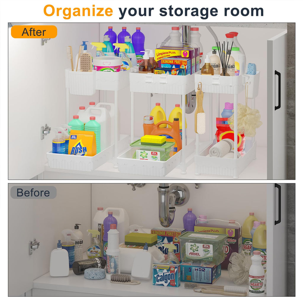Sevenblue 3 Pack Under Sink Organizers,2-Tier Multi-Use Kitchen and Bathroom Organizers and Storage with Sliding Drawers,Bathroom Cabinet Organizer (Black, 12.8 Inch)