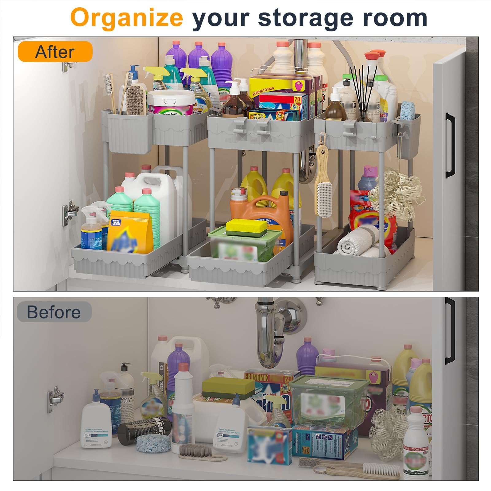 Sevenblue 3 Pack Under Sink Organizers,2-Tier Multi-Use Kitchen and Bathroom Organizers and Storage with Sliding Drawers,Bathroom Cabinet Organizer (Black, 12.8 Inch)
