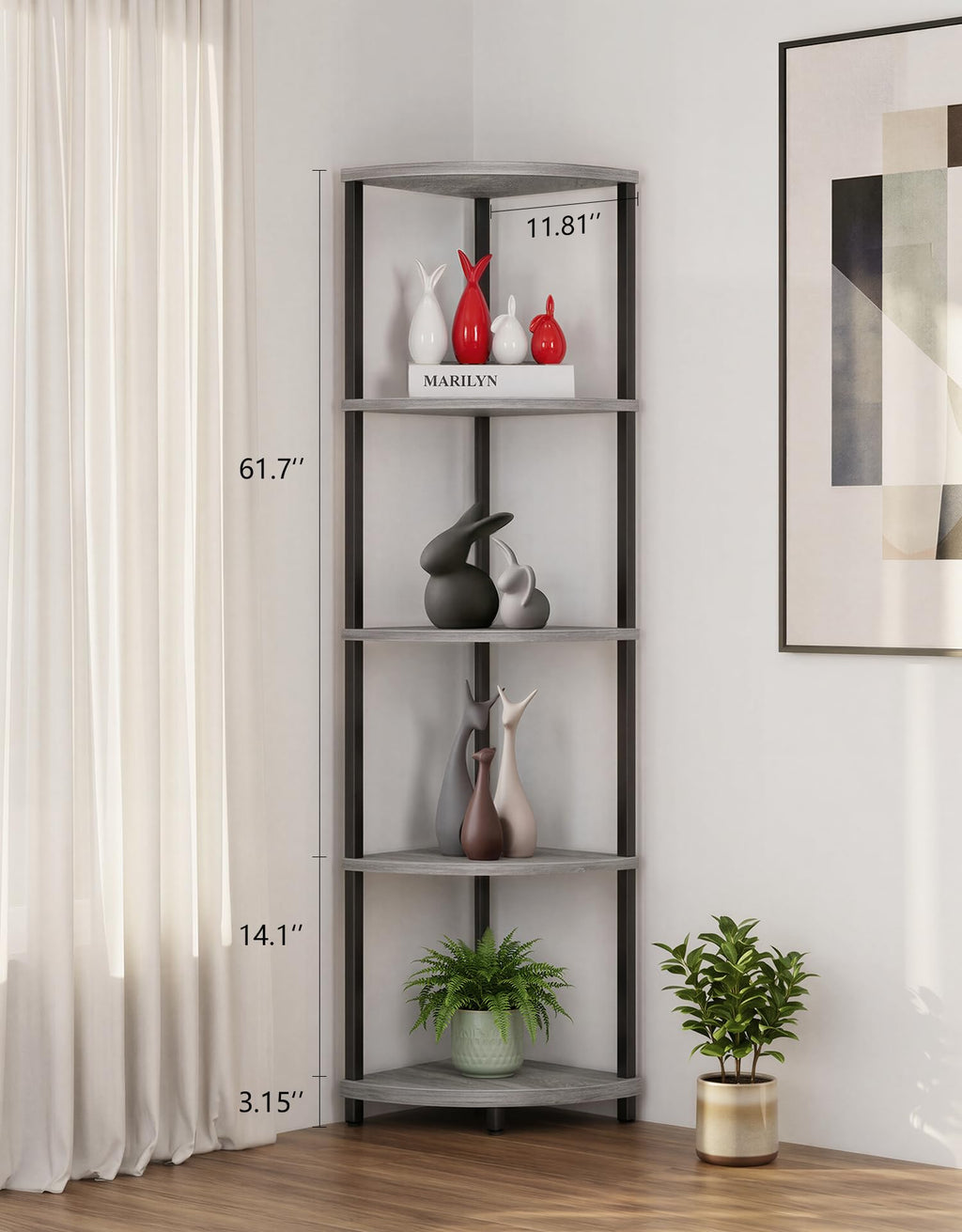 Corner Shelf with RGBCW LED Light, 64.5” Tall Floor Lamp Narrow Bookshelf Organizer, Standing Shelves with Metal Pole, Display Storage Rack for Wall Corner, Living Room, Bedroom, Office Décor, Black