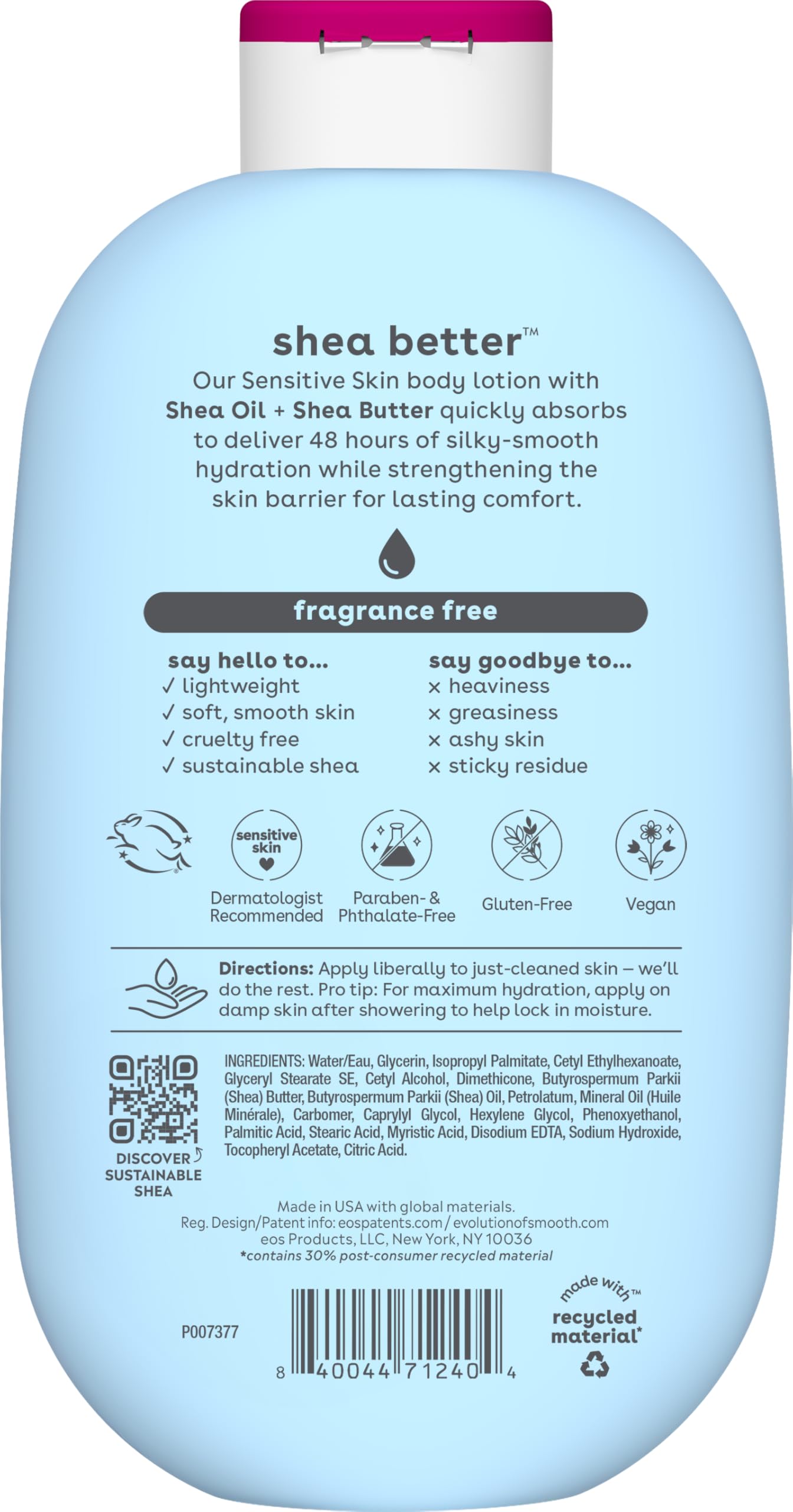 eos Shea Better Body Lotion Vanilla Cashmere, 24-Hour Moisture Skin Care, Lightweight & Non-Greasy, Natural Shea, Vegan, Vanilla Body Lotion, 16 fl oz