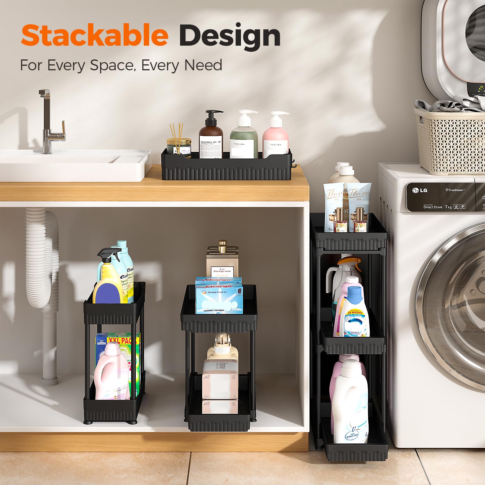 Sevenblue 3 Pack Under Sink Organizers,2-Tier Multi-Use Kitchen and Bathroom Organizers and Storage with Sliding Drawers,Bathroom Cabinet Organizer (Black, 12.8 Inch)