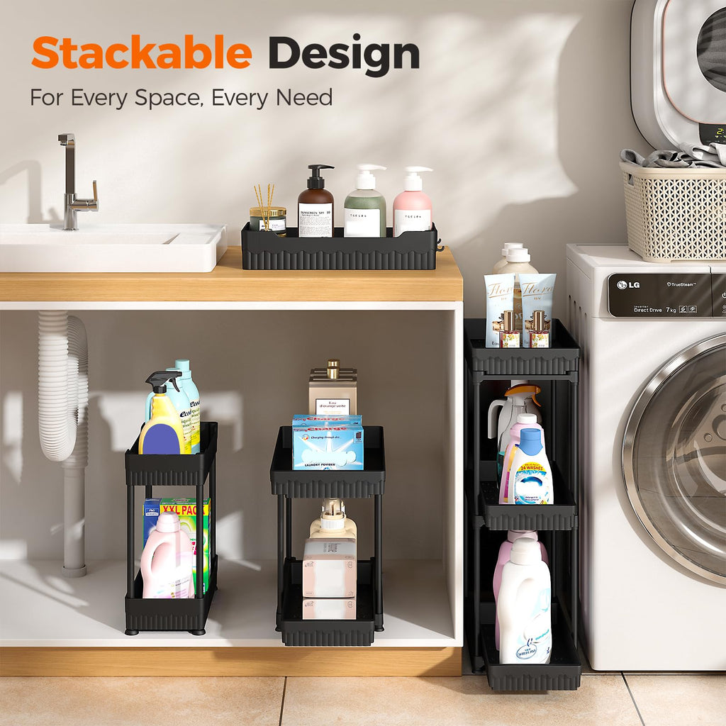 Sevenblue 3 Pack Under Sink Organizers,2-Tier Multi-Use Kitchen and Bathroom Organizers and Storage with Sliding Drawers,Bathroom Cabinet Organizer (Black, 12.8 Inch)