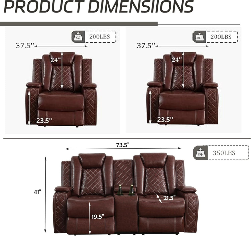 Power Recliner Set with LED Lights, Air Leather Reclining Set with USB Port/Wireless Charger/Storage Console/Cup Holder for House/HomeTheater/Apt (Black, Sofa Loveseat Chair)