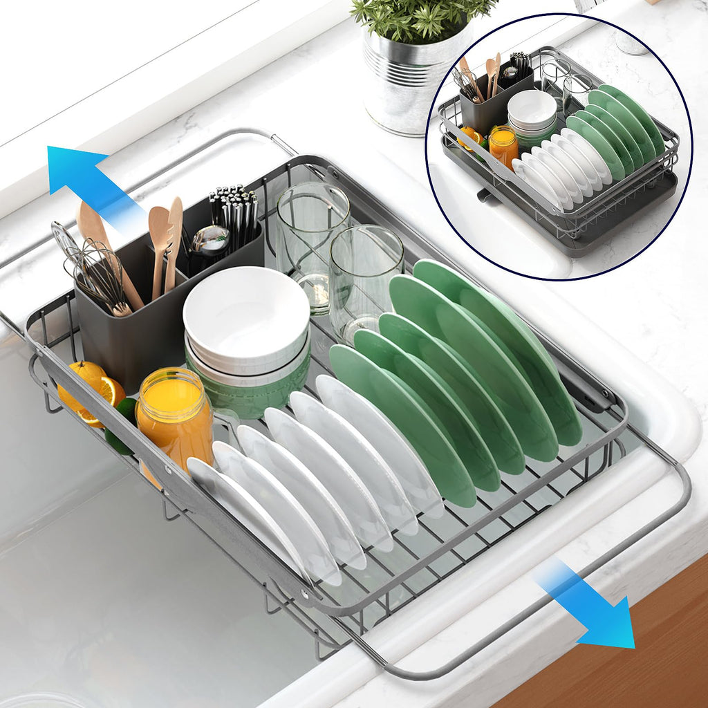 Kitsure Dish Drying Rack for Kitchen Counter, Stainless Steel Sink Organization and Storage Essentials with Cutlery Holder, Home and Appartment Decor, 12''W x 15.5''L, Black