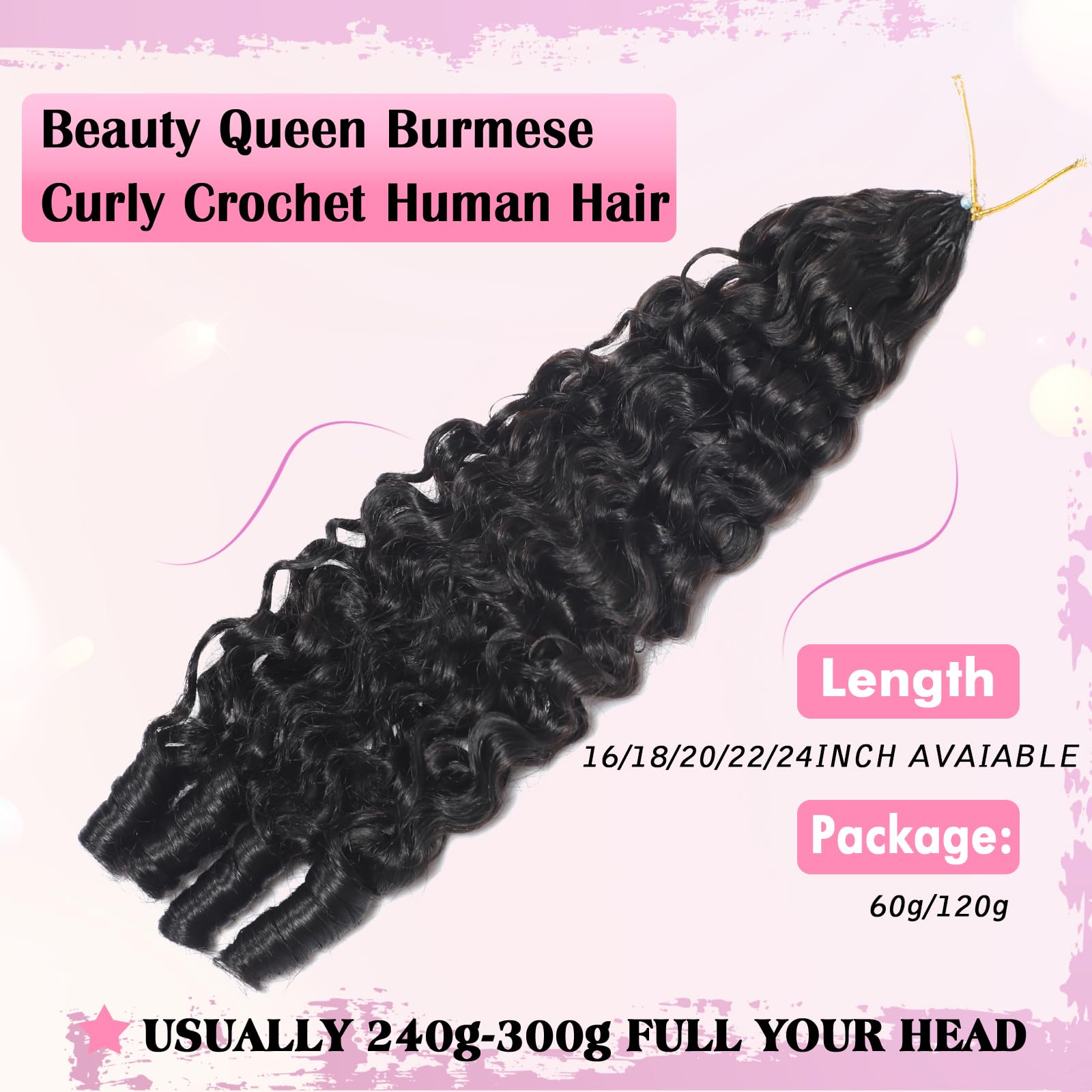 Beauty Queen Burmese Curly Crochet Human Hair 16inch 120g Knotless Pre-Separated Feather Human Crochet Hair Lightweight Reusable Remy Hair Extensions With Spiral Curl for Women Natural Black Color