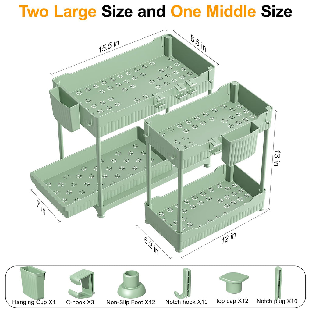 Sevenblue 3 Pack Under Sink Organizers,2-Tier Multi-Use Kitchen and Bathroom Organizers and Storage with Sliding Drawers,Bathroom Cabinet Organizer (Black, 12.8 Inch)