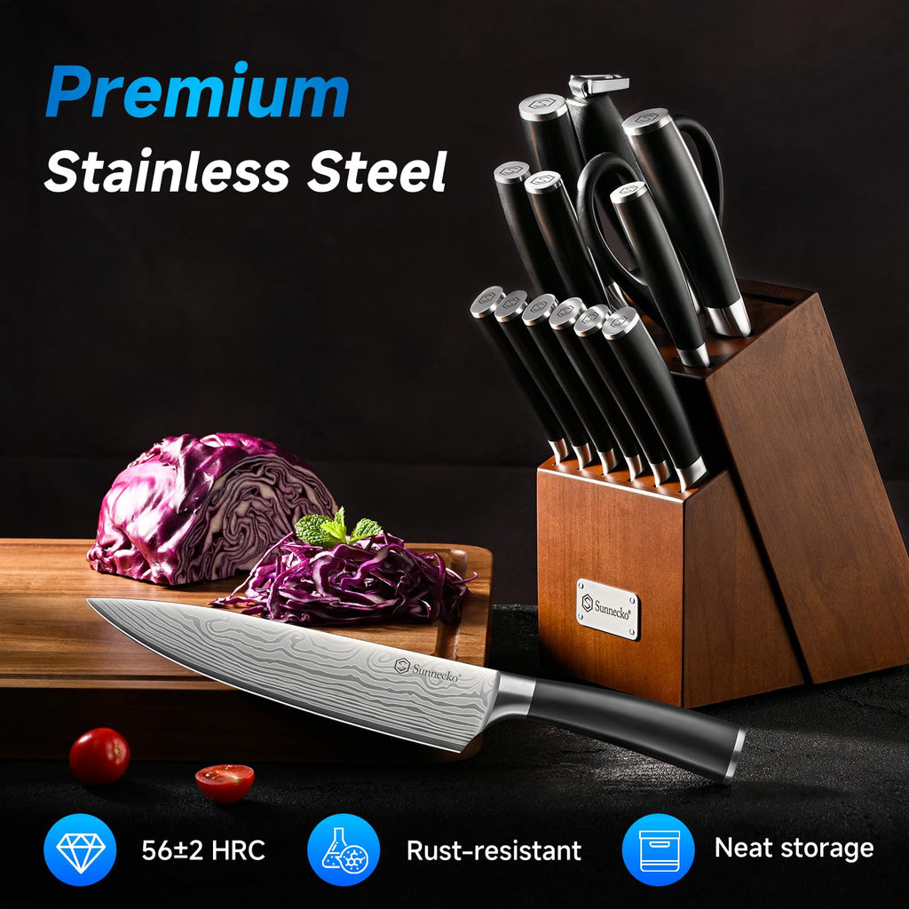 Sunnecko Knife Set with Block and Sharpener, 15 Piece Kitchen Knife Block Set Sharp Kitchen Knives High Carbon Stainless Steel with White Handles