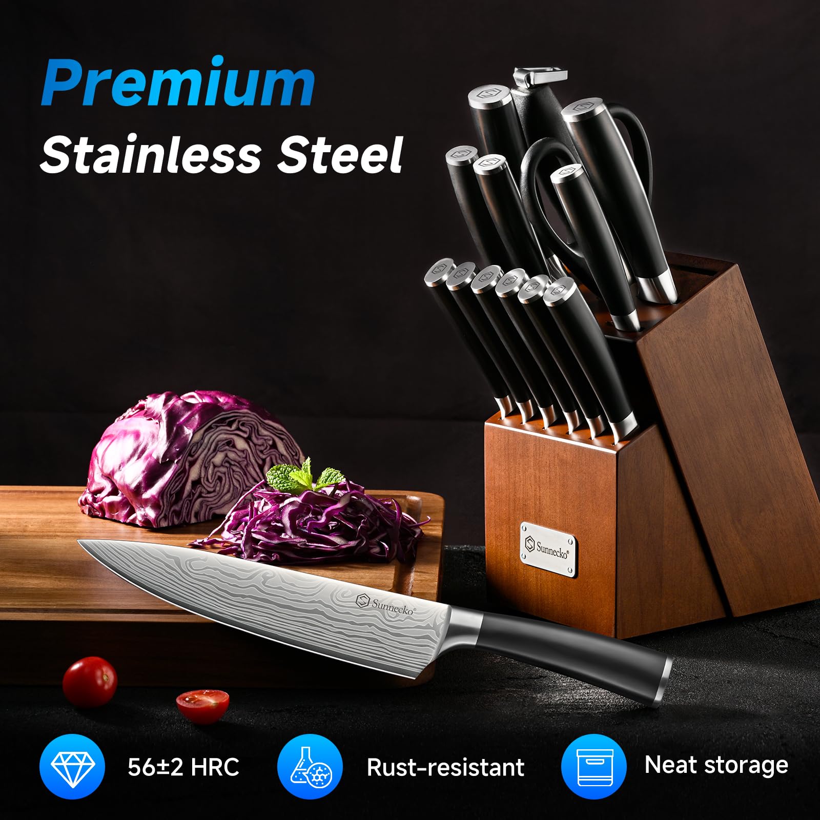 Sunnecko Knife Set with Block and Sharpener, 15 Piece Kitchen Knife Block Set Sharp Kitchen Knives High Carbon Stainless Steel with White Handles