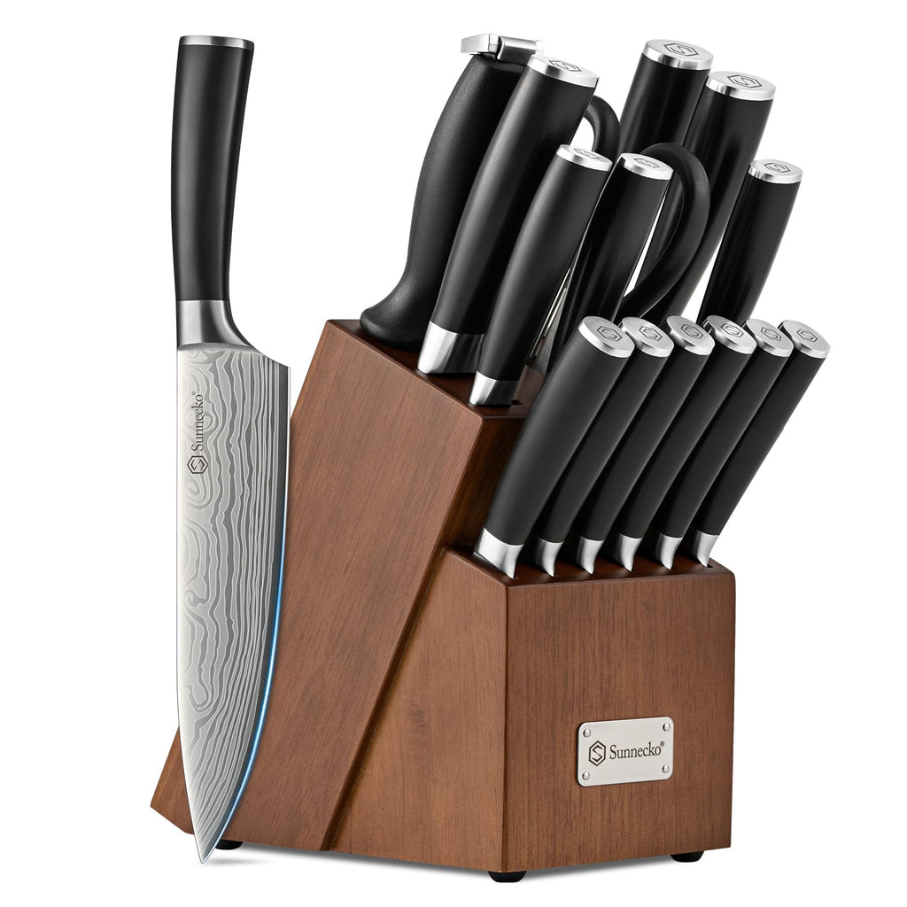 Sunnecko Knife Set with Block and Sharpener, 15 Piece Kitchen Knife Block Set Sharp Kitchen Knives High Carbon Stainless Steel with White Handles