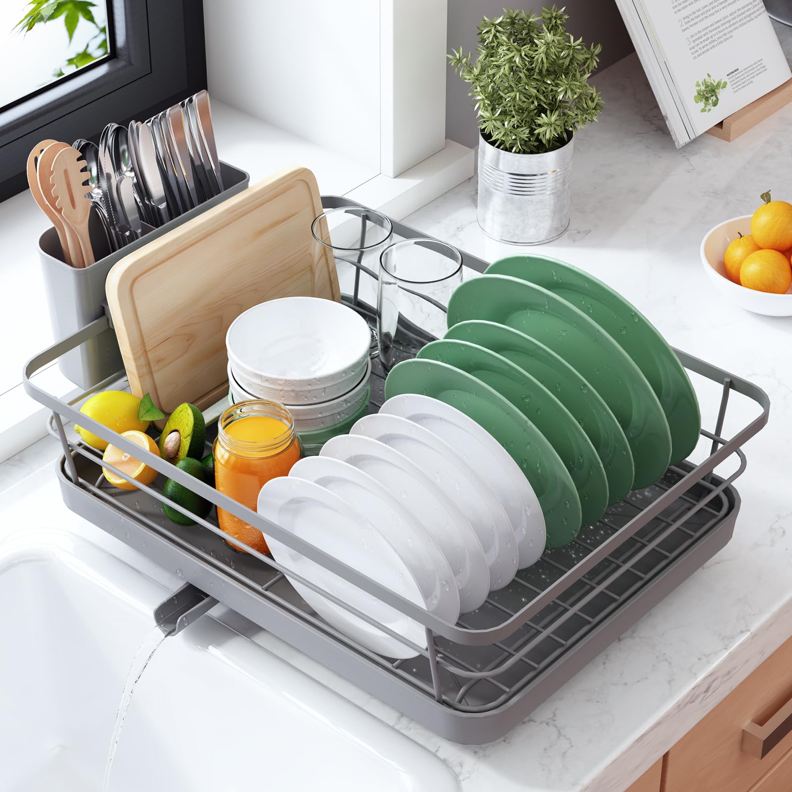 Kitsure Dish Drying Rack for Kitchen Counter, Stainless Steel Sink Organization and Storage Essentials with Cutlery Holder, Home and Appartment Decor, 12''W x 15.5''L, Black