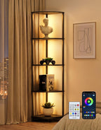 Corner Shelf with RGBCW LED Light, 64.5” Tall Floor Lamp Narrow Bookshelf Organizer, Standing Shelves with Metal Pole, Display Storage Rack for Wall Corner, Living Room, Bedroom, Office Décor, Black