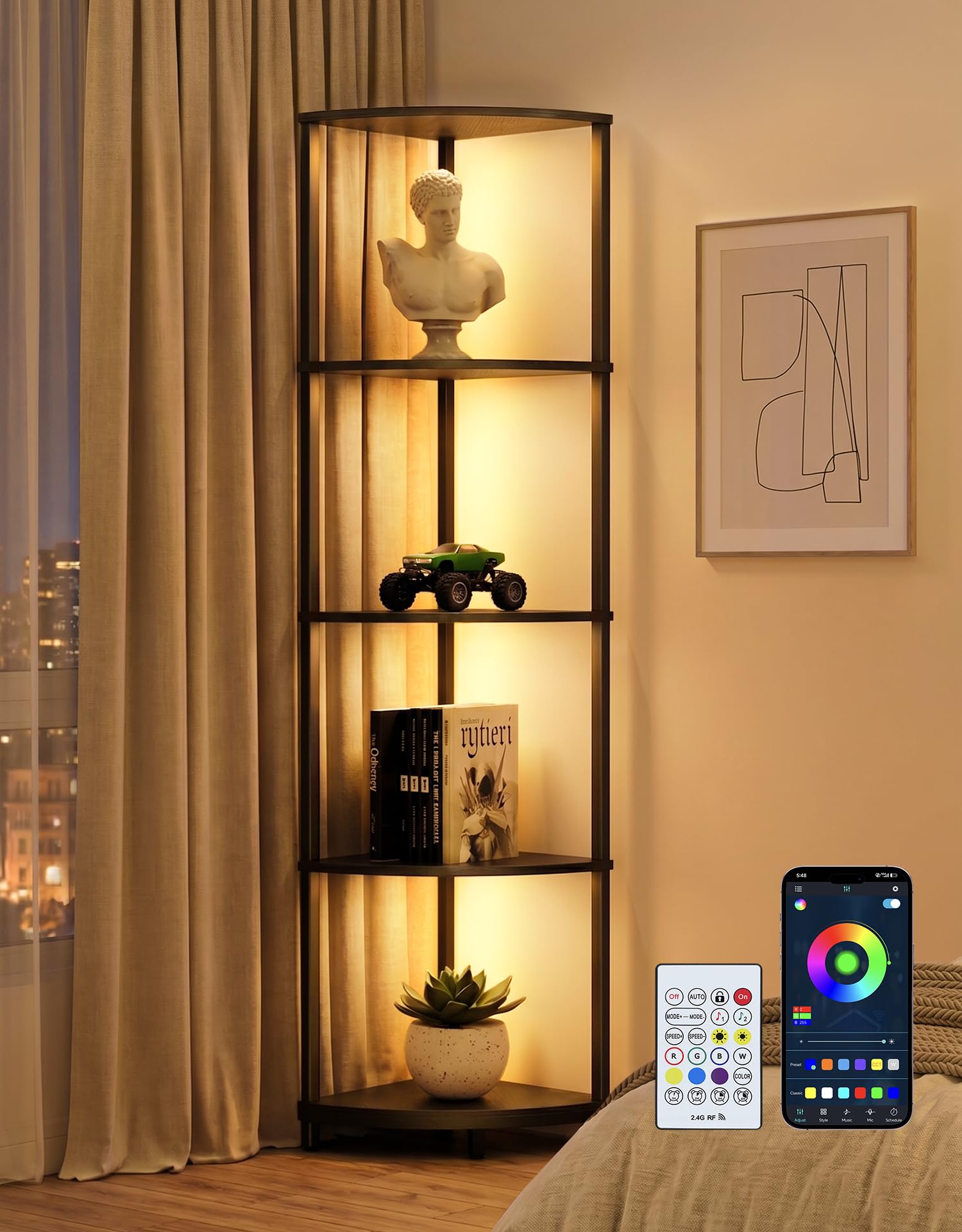 Corner Shelf with RGBCW LED Light, 64.5” Tall Floor Lamp Narrow Bookshelf Organizer, Standing Shelves with Metal Pole, Display Storage Rack for Wall Corner, Living Room, Bedroom, Office Décor, Black