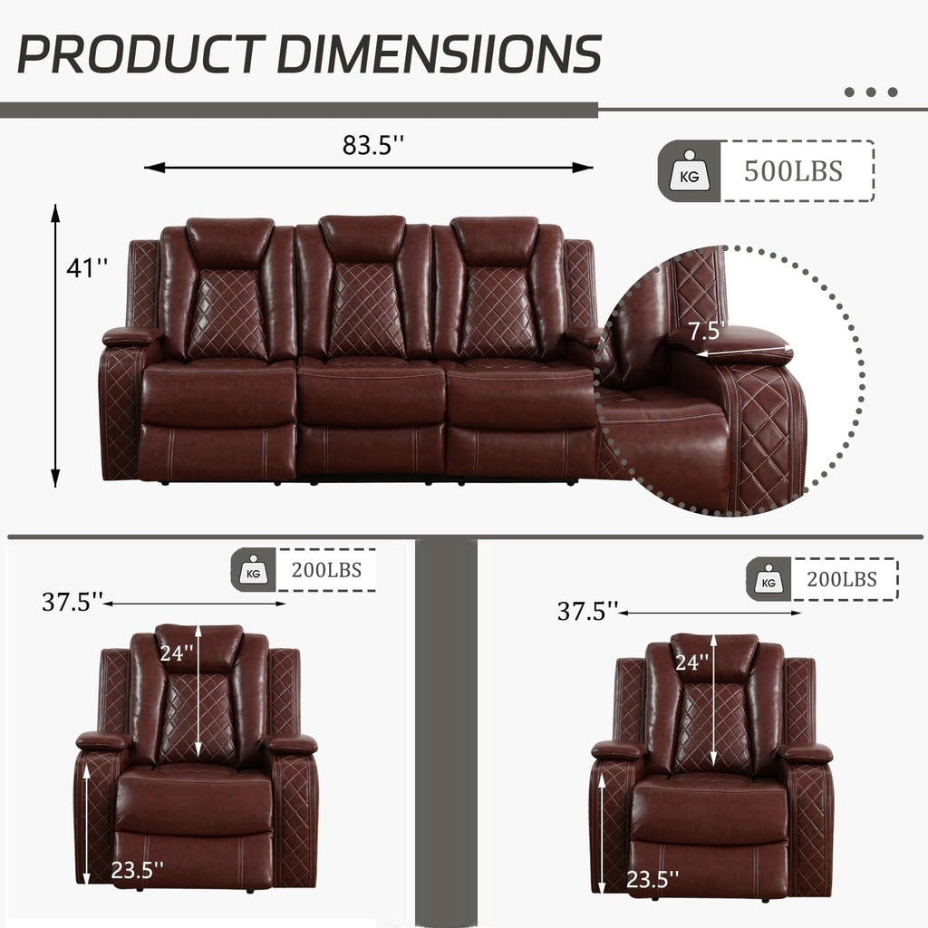 Power Recliner Set with LED Lights, Air Leather Reclining Set with USB Port/Wireless Charger/Storage Console/Cup Holder for House/HomeTheater/Apt (Black, Sofa Loveseat Chair)