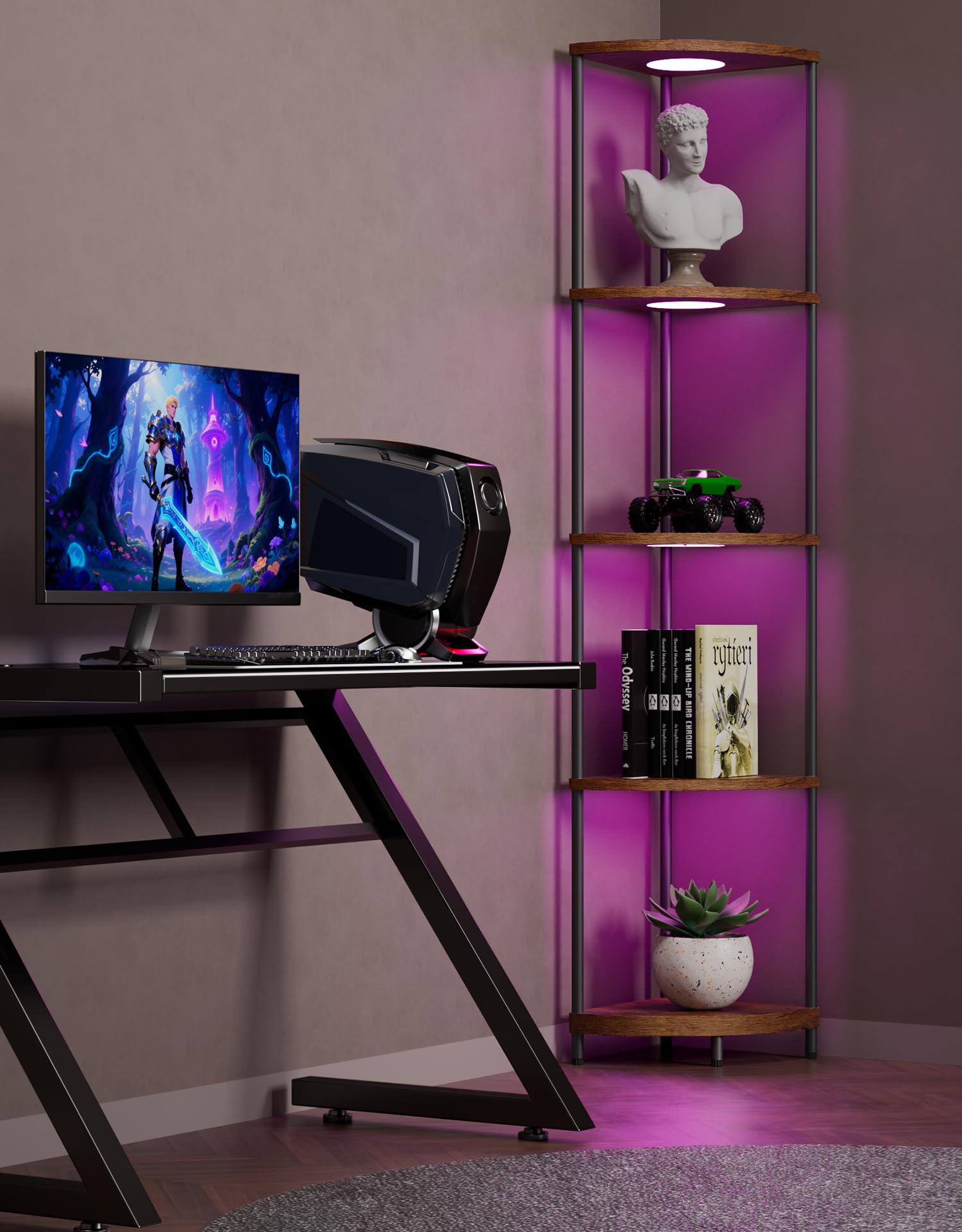 Corner Shelf with RGBCW LED Light, 64.5” Tall Floor Lamp Narrow Bookshelf Organizer, Standing Shelves with Metal Pole, Display Storage Rack for Wall Corner, Living Room, Bedroom, Office Décor, Black