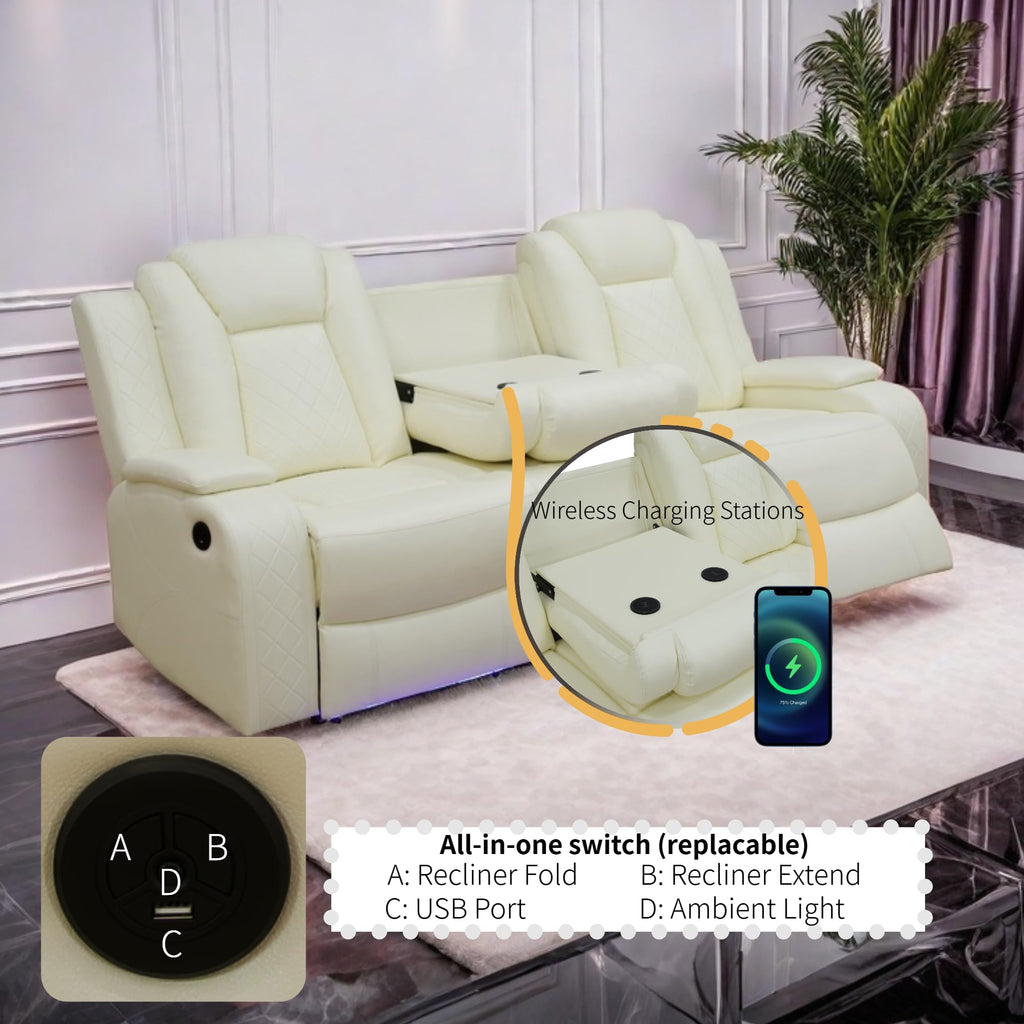 Power Recliner Set with LED Lights, Air Leather Reclining Set with USB Port/Wireless Charger/Storage Console/Cup Holder for House/HomeTheater/Apt (Black, Sofa Loveseat Chair)