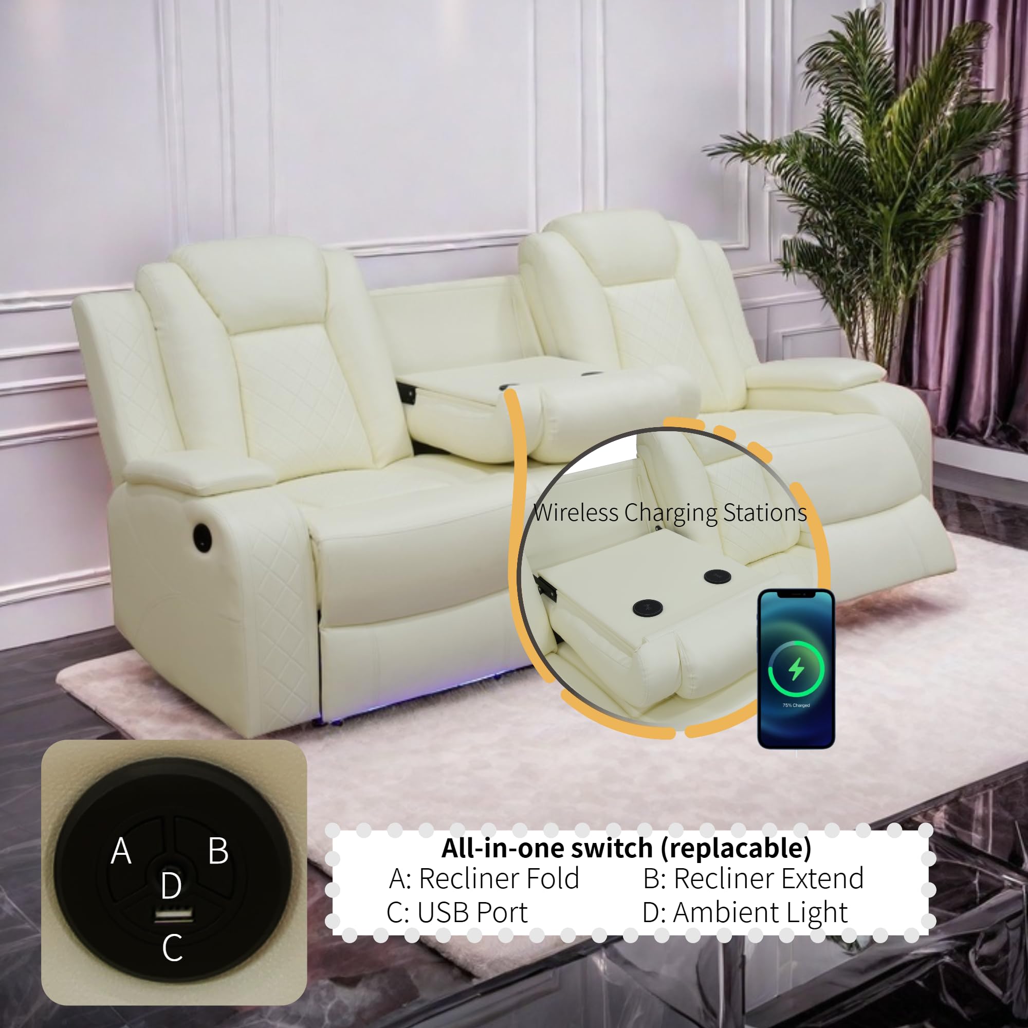 Power Recliner Set with LED Lights, Air Leather Reclining Set with USB Port/Wireless Charger/Storage Console/Cup Holder for House/HomeTheater/Apt (Black, Sofa Loveseat Chair)