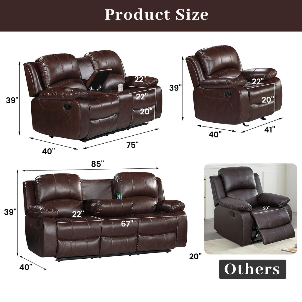Betsy Furniture 3PC Faux Leather Reclining Couch Set, Living Room Furniture Set, Sofa, Loveseat, Glider, 8018 Multiple Colors (Gray, Sofa+Loveseat+Chair) | 8018