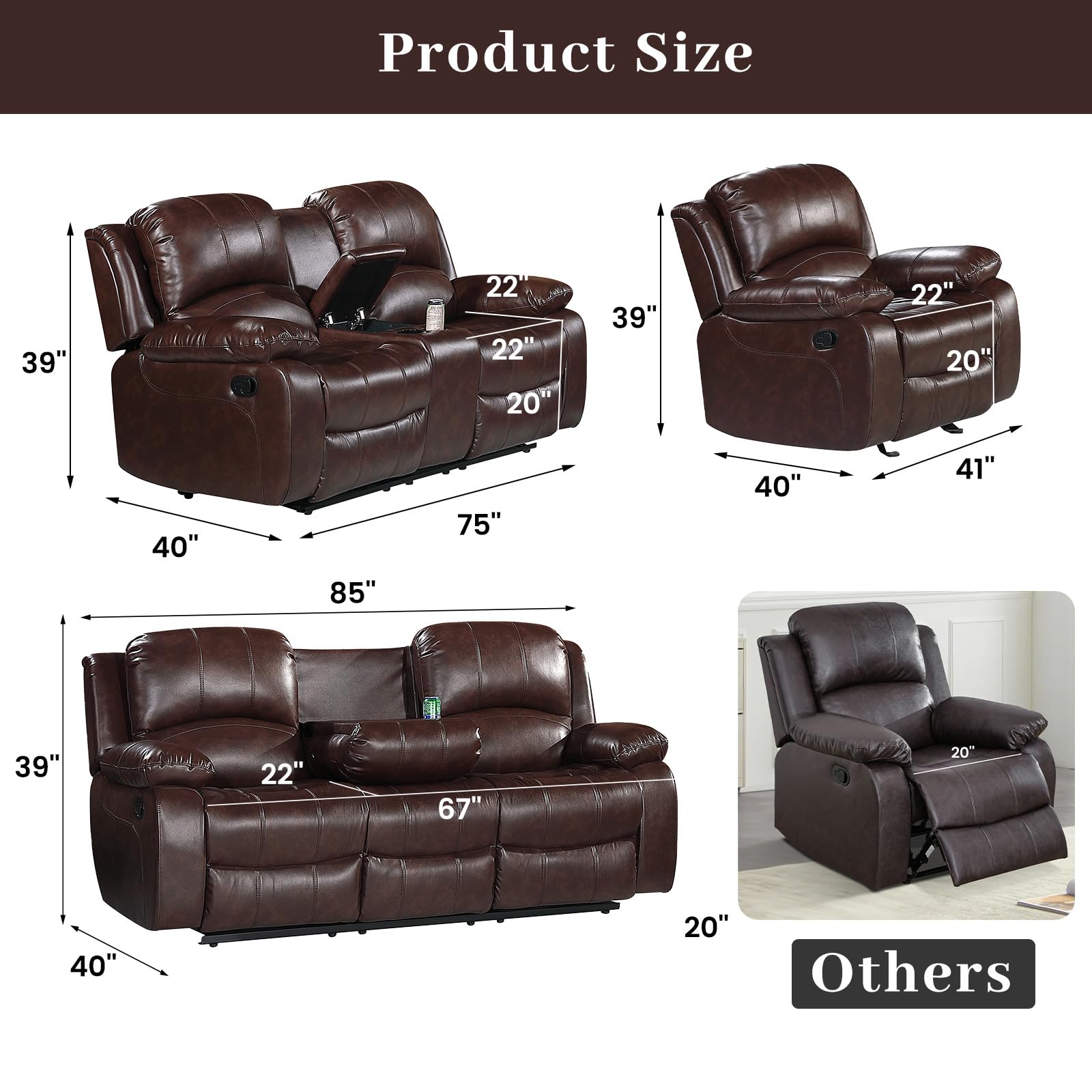Betsy Furniture 3PC Faux Leather Reclining Couch Set, Living Room Furniture Set, Sofa, Loveseat, Glider, 8018 Multiple Colors (Gray, Sofa+Loveseat+Chair) | 8018