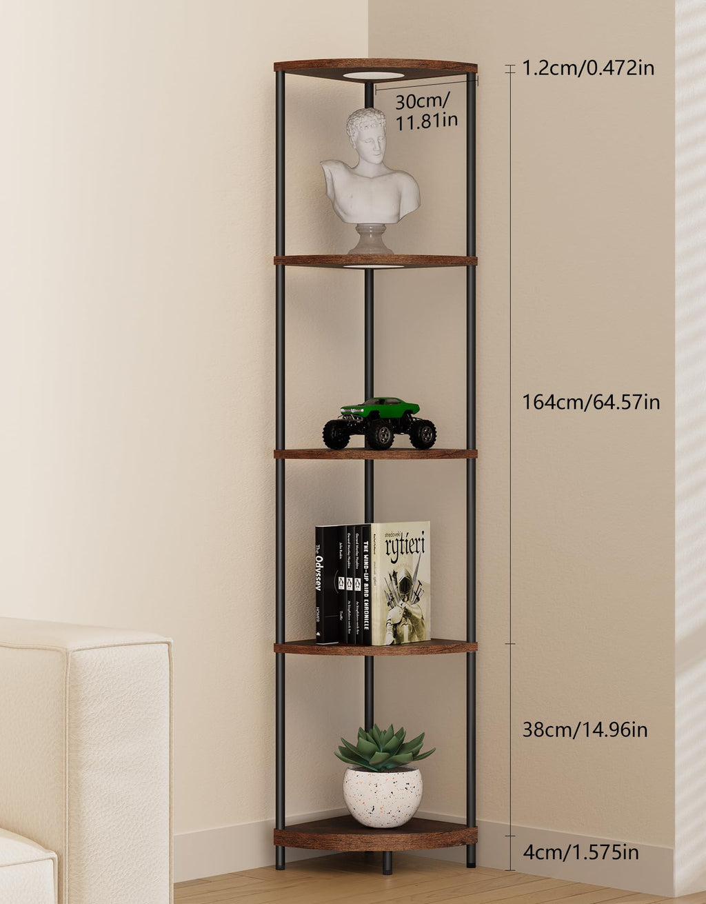 Corner Shelf with RGBCW LED Light, 64.5” Tall Floor Lamp Narrow Bookshelf Organizer, Standing Shelves with Metal Pole, Display Storage Rack for Wall Corner, Living Room, Bedroom, Office Décor, Black