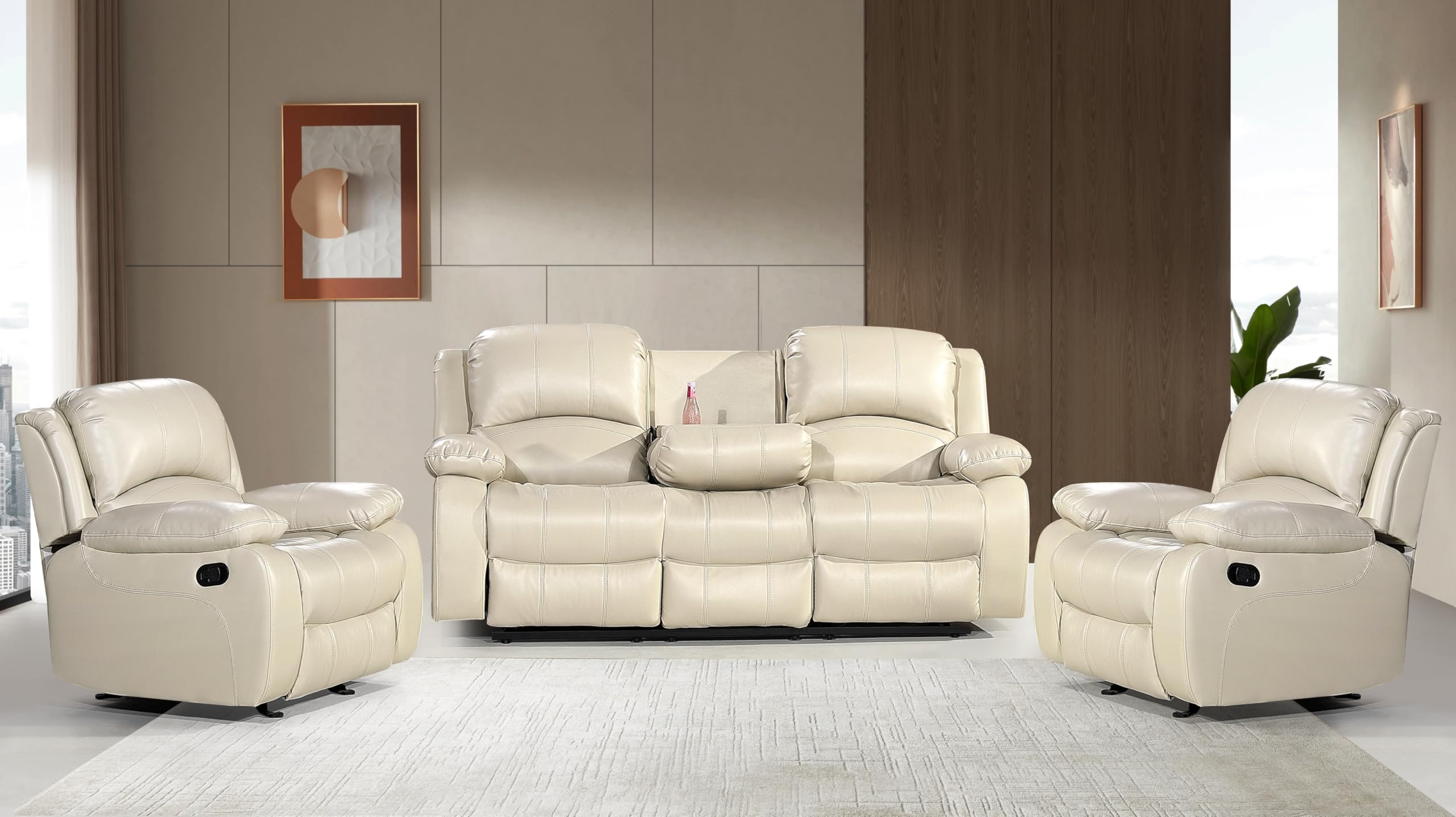 Betsy Furniture 3PC Faux Leather Reclining Couch Set, Living Room Furniture Set, Sofa, Loveseat, Glider, 8018 Multiple Colors (Gray, Sofa+Loveseat+Chair) | 8018