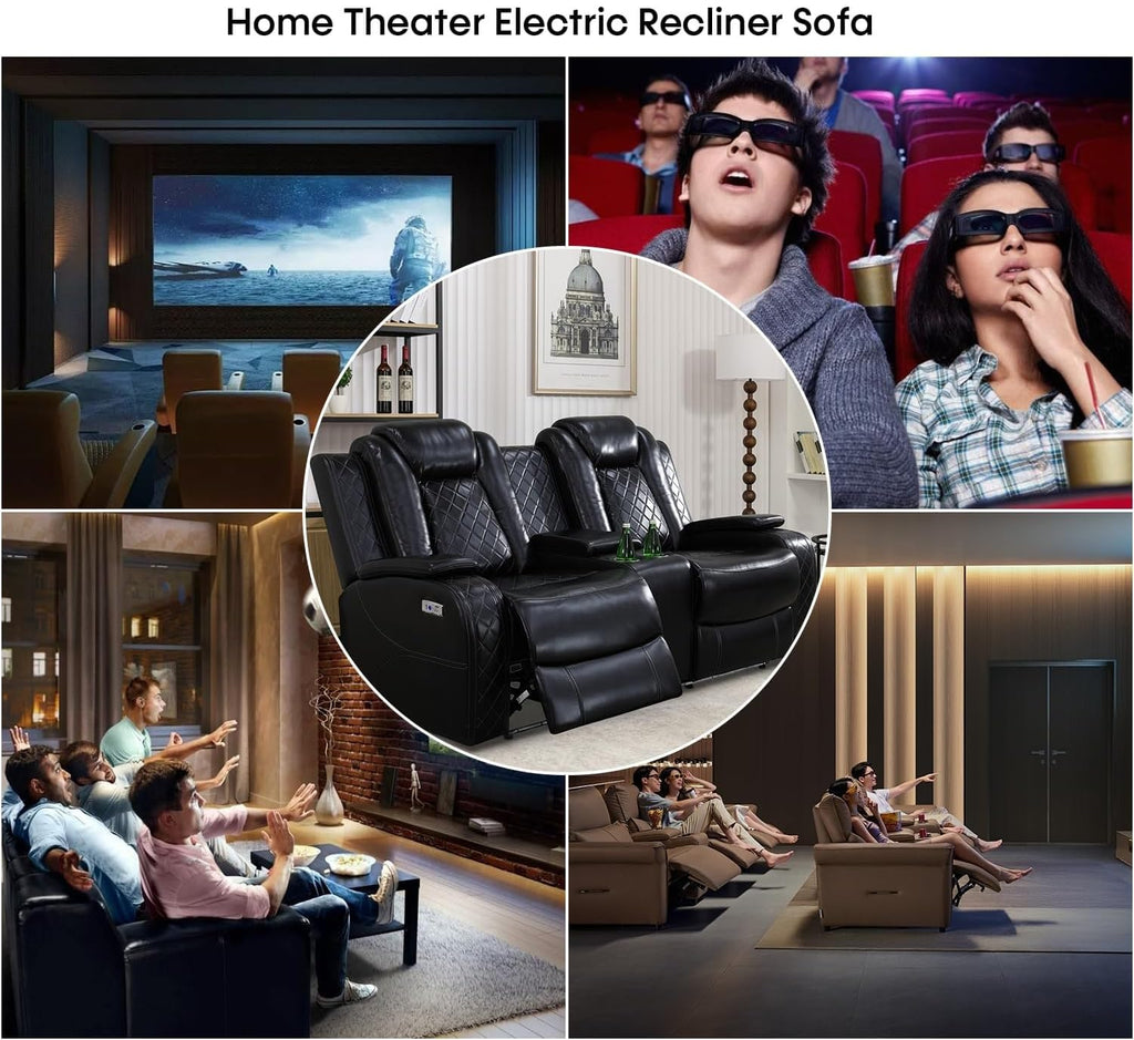Power Recliner Set with LED Lights, Air Leather Reclining Set with USB Port/Wireless Charger/Storage Console/Cup Holder for House/HomeTheater/Apt (Black, Sofa Loveseat Chair)