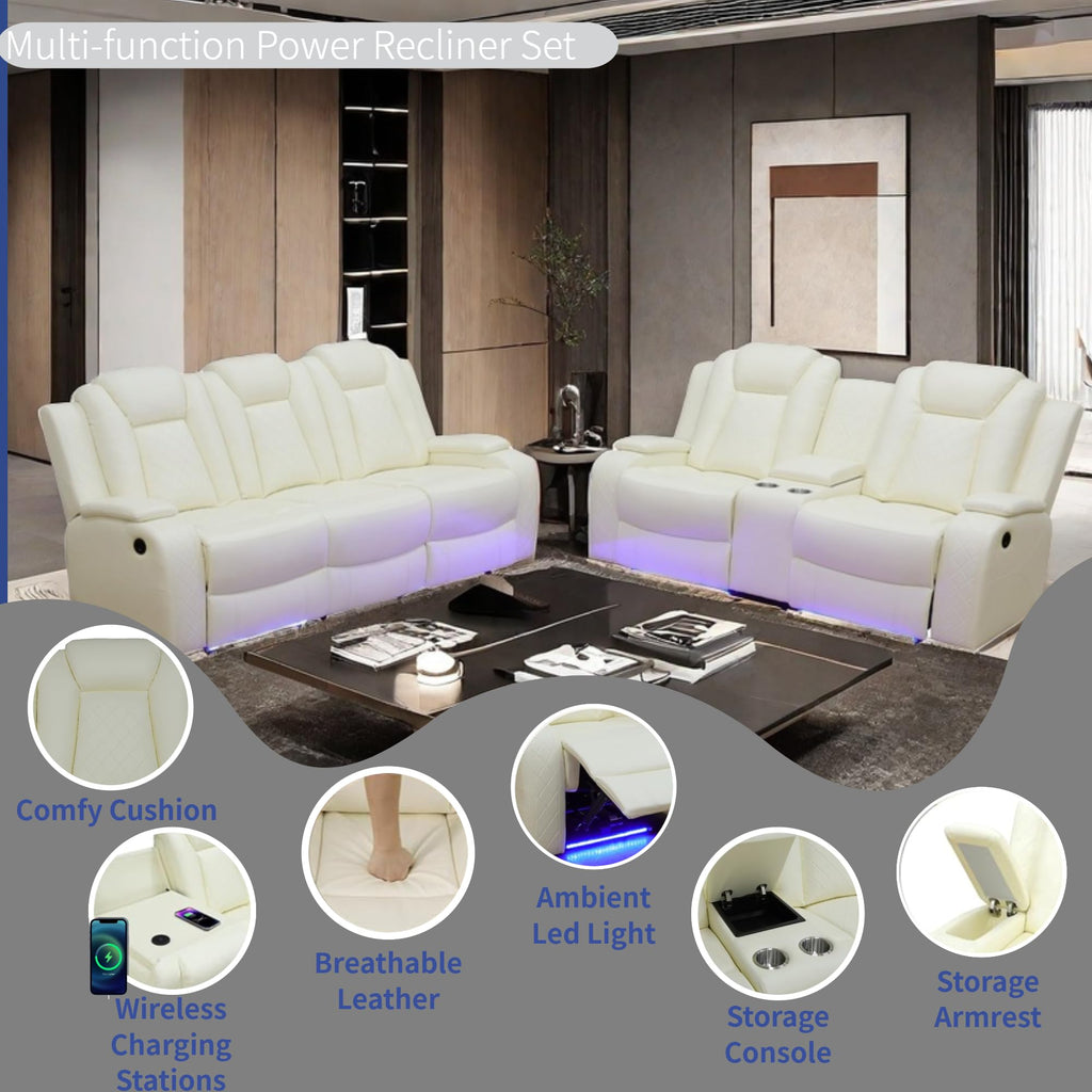 Power Recliner Set with LED Lights, Air Leather Reclining Set with USB Port/Wireless Charger/Storage Console/Cup Holder for House/HomeTheater/Apt (Black, Sofa Loveseat Chair)