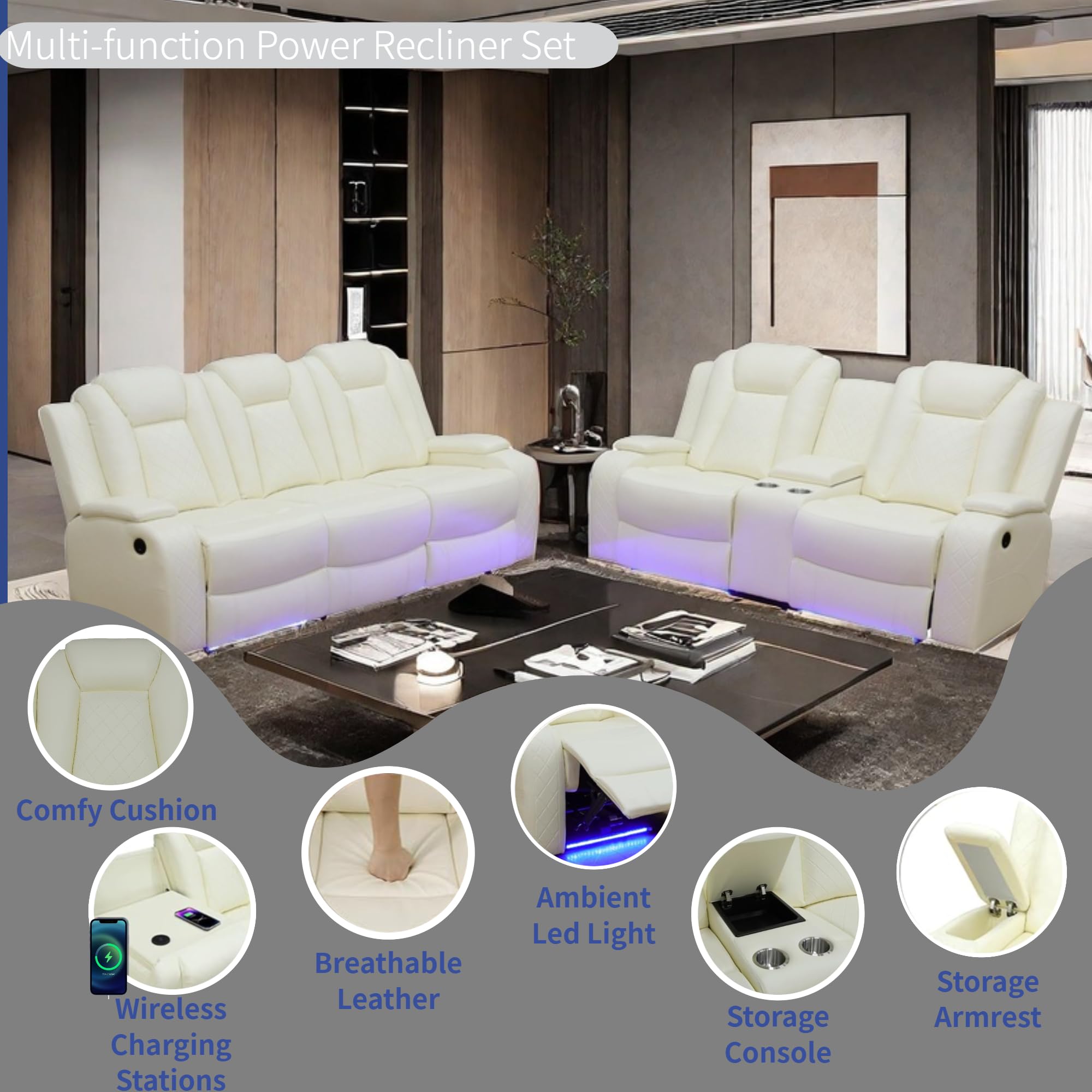 Power Recliner Set with LED Lights, Air Leather Reclining Set with USB Port/Wireless Charger/Storage Console/Cup Holder for House/HomeTheater/Apt (Black, Sofa Loveseat Chair)