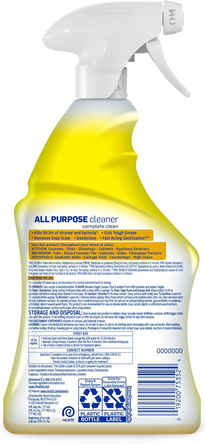 Lysol All Purpose Cleaner Spray, Multi-Purpose Disinfecting Spray, Kitchen & Bathroom Cleaner, Lemon Breeze, Lavender, & Mango Scents, 32oz (Pack of 4)