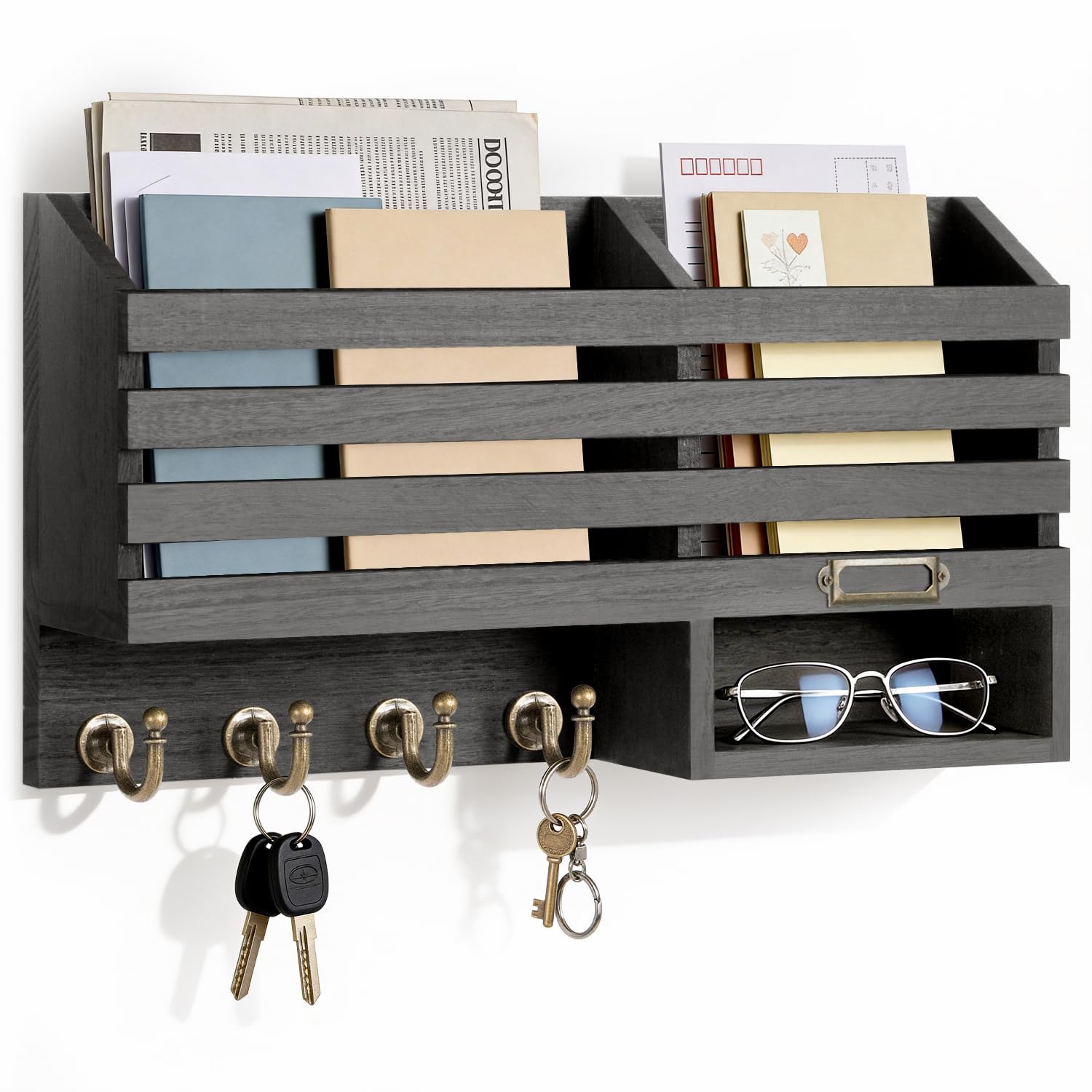 FifthQuarter Key and Mail Holder for Wall, Mail Organizer Wall Mount with 6 Hooks and Storage Drawer, Easy Installation Key Rack for Entryway and Home Decor (A-Black)