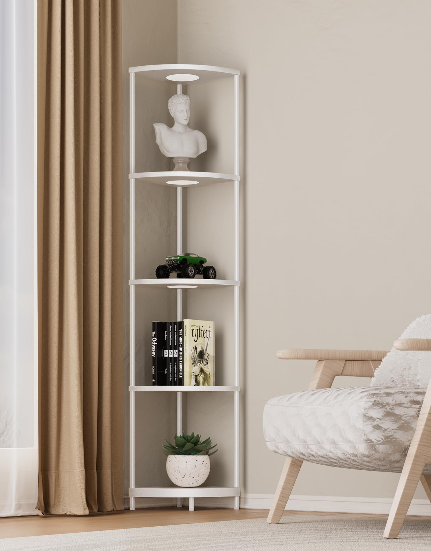 Corner Shelf with RGBCW LED Light, 64.5” Tall Floor Lamp Narrow Bookshelf Organizer, Standing Shelves with Metal Pole, Display Storage Rack for Wall Corner, Living Room, Bedroom, Office Décor, Black