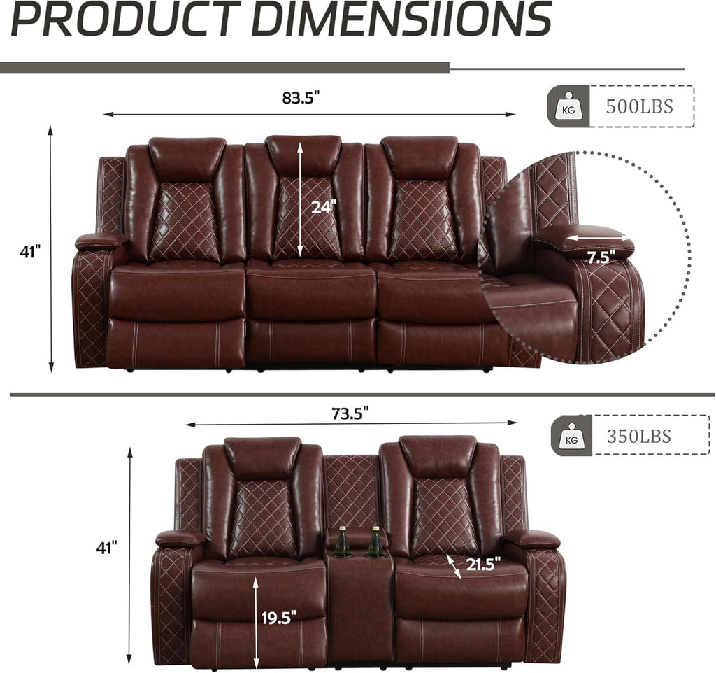 Power Recliner Set with LED Lights, Air Leather Reclining Set with USB Port/Wireless Charger/Storage Console/Cup Holder for House/HomeTheater/Apt (Black, Sofa Loveseat Chair)
