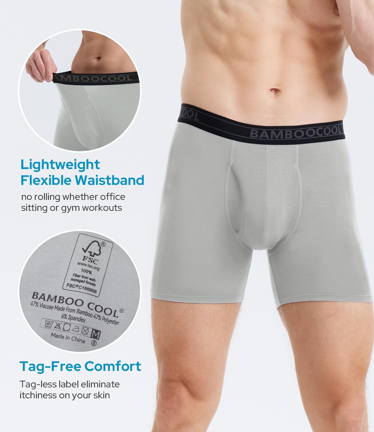 BAMBOO COOL Men's Underwear Breathable Boxer Briefs with Fly Moisture-Wicking Lightweight Underwear 7-Pack