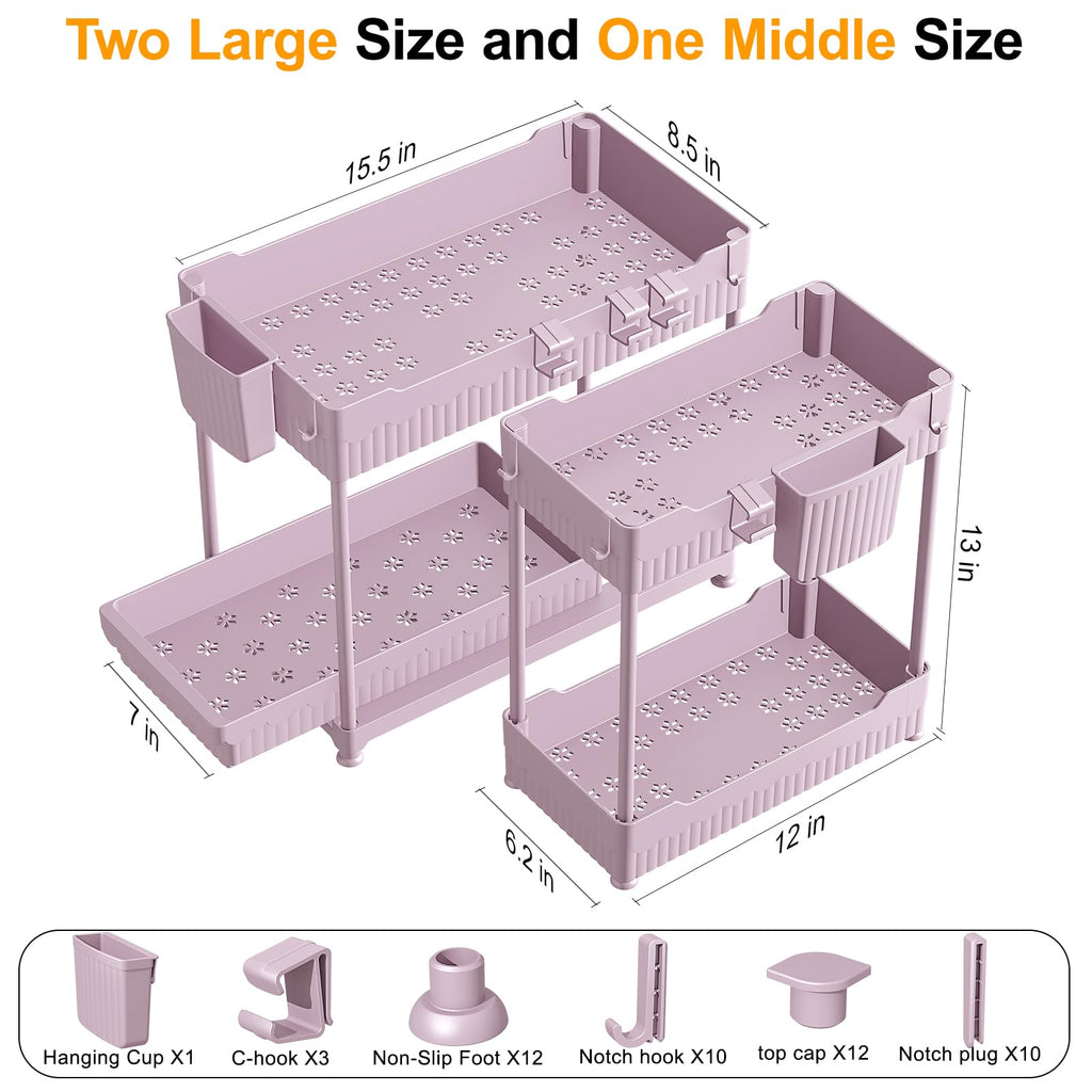 Sevenblue 3 Pack Under Sink Organizers,2-Tier Multi-Use Kitchen and Bathroom Organizers and Storage with Sliding Drawers,Bathroom Cabinet Organizer (Black, 12.8 Inch)
