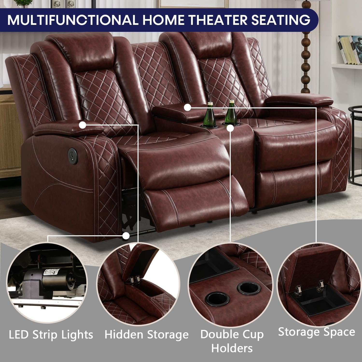 Power Recliner Set with LED Lights, Air Leather Reclining Set with USB Port/Wireless Charger/Storage Console/Cup Holder for House/HomeTheater/Apt (Black, Sofa Loveseat Chair)