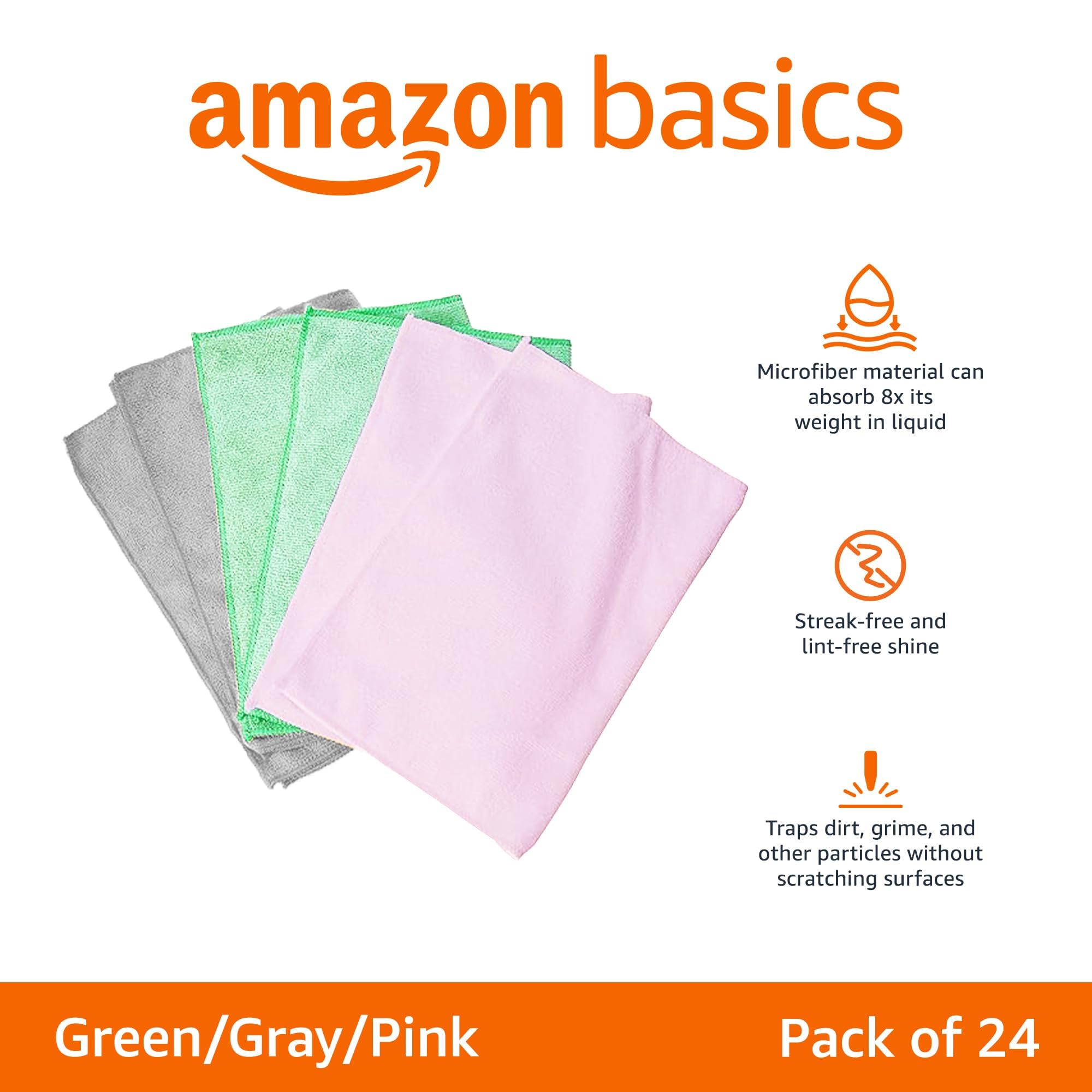 Amazon Basics Microfiber Cleaning Cloths, Ultra Absorbent, Lint Free, Streak Free, Non-Abrasive, Reusable and Washable, 16" x 12", Blue/White/Yellow, Pack of 24