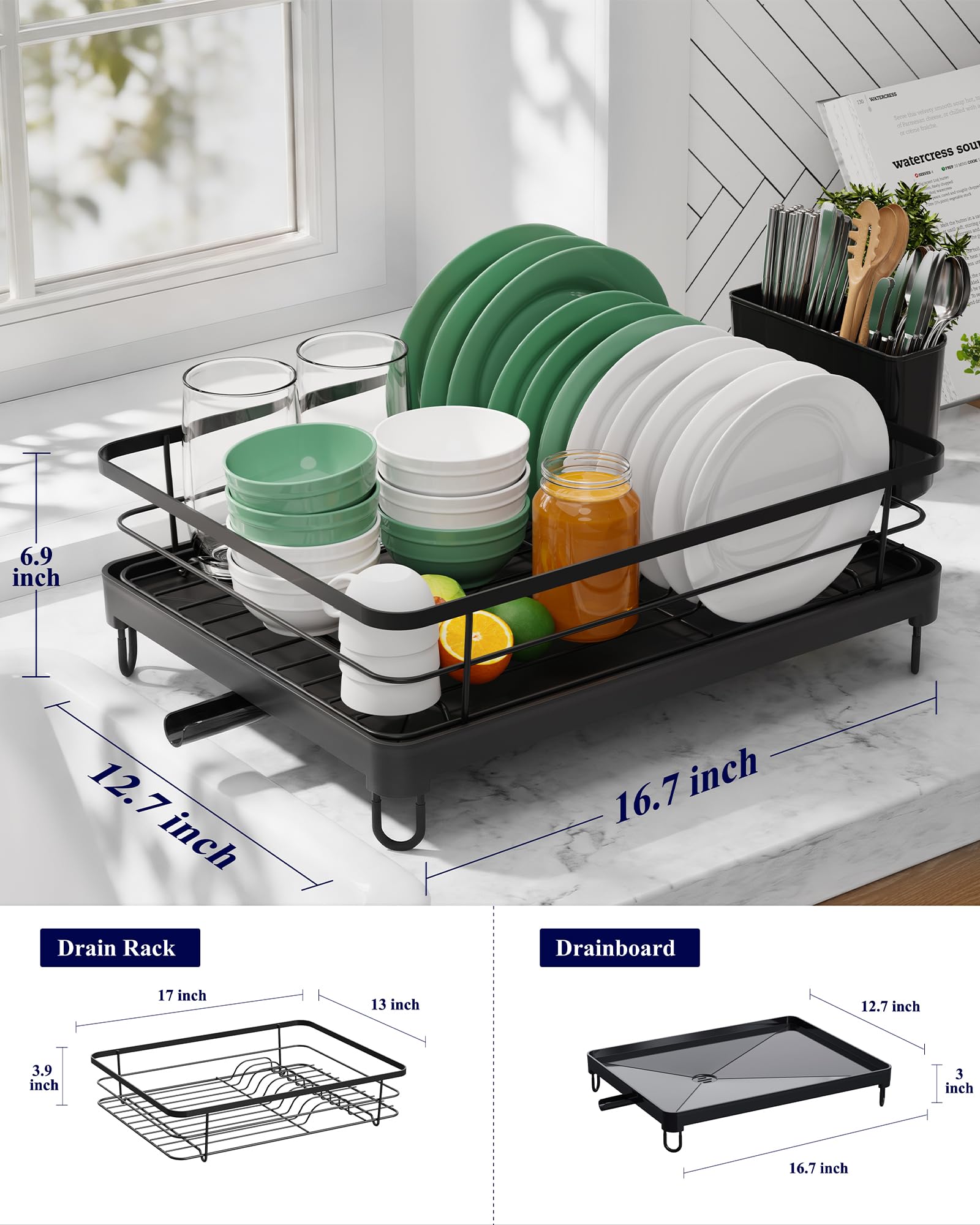 Kitsure Dish Drying Rack for Kitchen Counter, Stainless Steel Sink Organization and Storage Essentials with Cutlery Holder, Home and Appartment Decor, 12''W x 15.5''L, Black