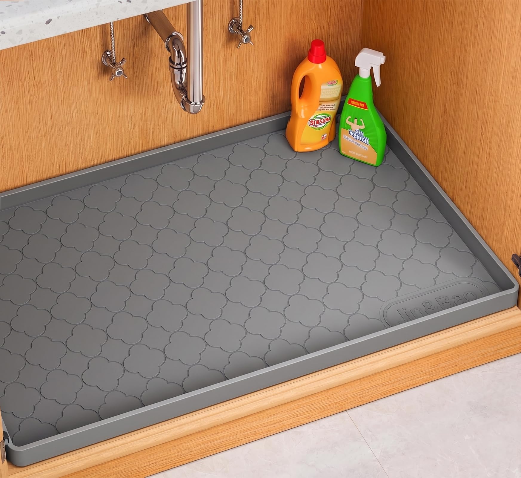 Jin&Bao Waterproof Under Sink Mat 34" x 22", Thick Silicone Mat Cabinet Protector for Kitchen and Bathroom, Shelf Liner, Home Organizer and Storage, Multipurpose Tray for Gadgets and Essentials