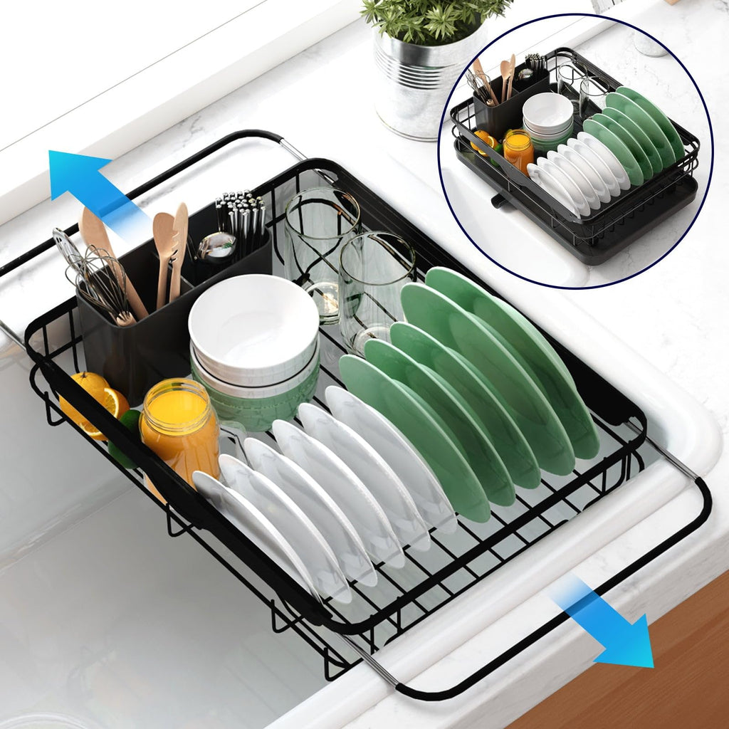 Kitsure Dish Drying Rack for Kitchen Counter, Stainless Steel Sink Organization and Storage Essentials with Cutlery Holder, Home and Appartment Decor, 12''W x 15.5''L, Black