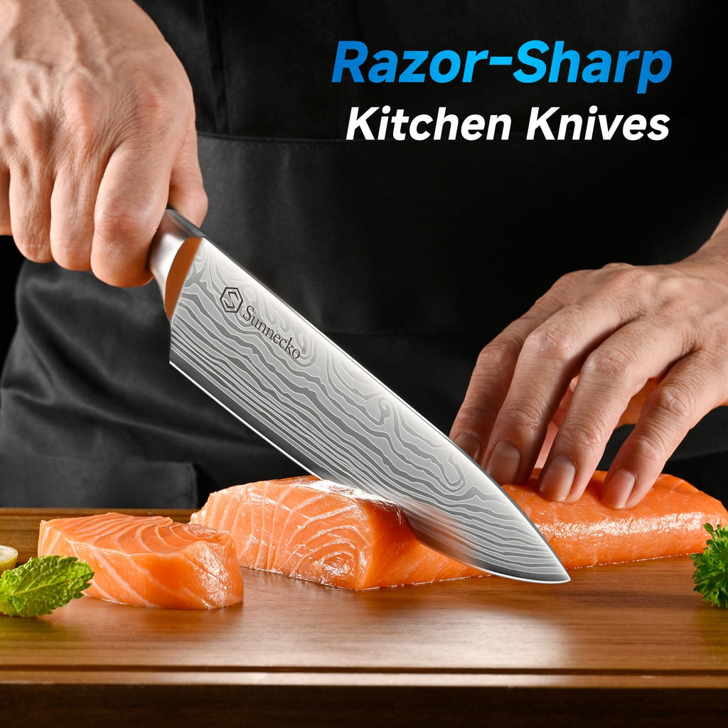 Sunnecko Knife Set with Block and Sharpener, 15 Piece Kitchen Knife Block Set Sharp Kitchen Knives High Carbon Stainless Steel with White Handles