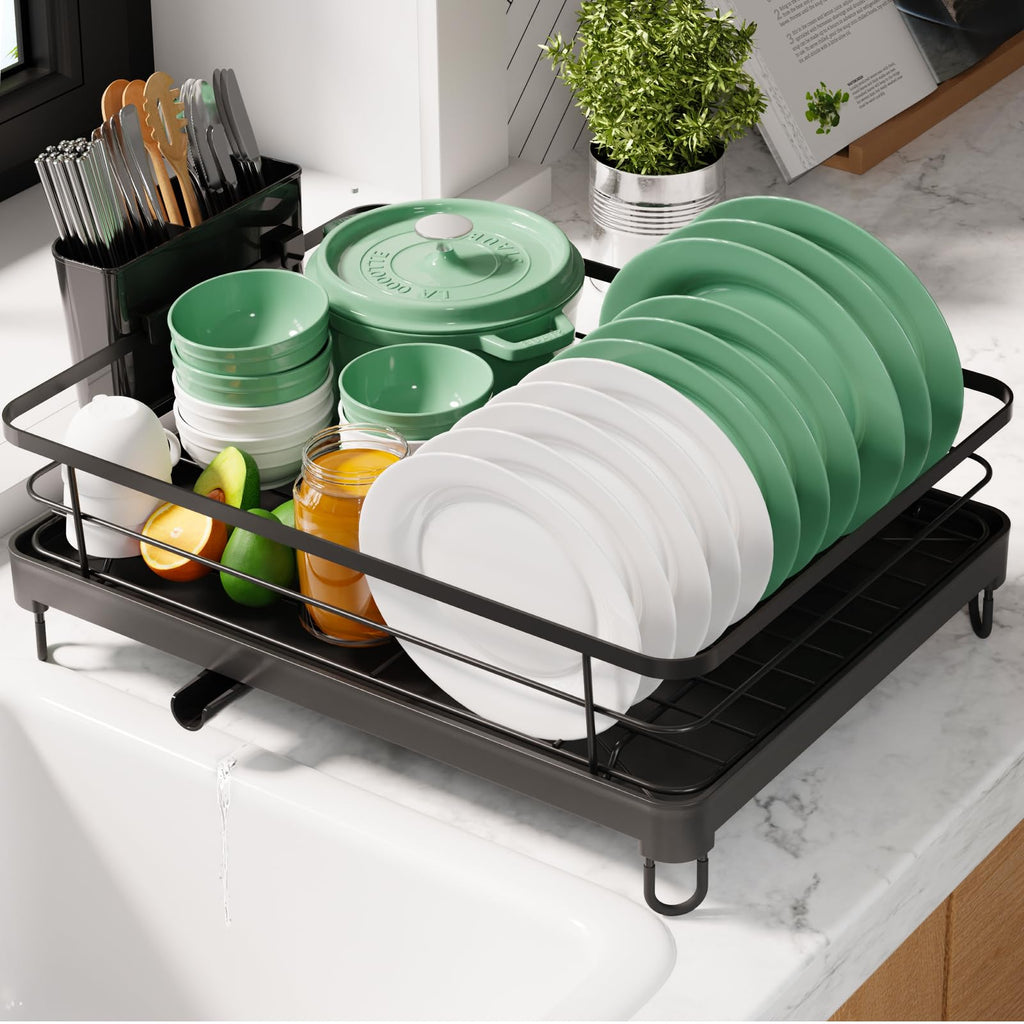Kitsure Dish Drying Rack for Kitchen Counter, Stainless Steel Sink Organization and Storage Essentials with Cutlery Holder, Home and Appartment Decor, 12''W x 15.5''L, Black