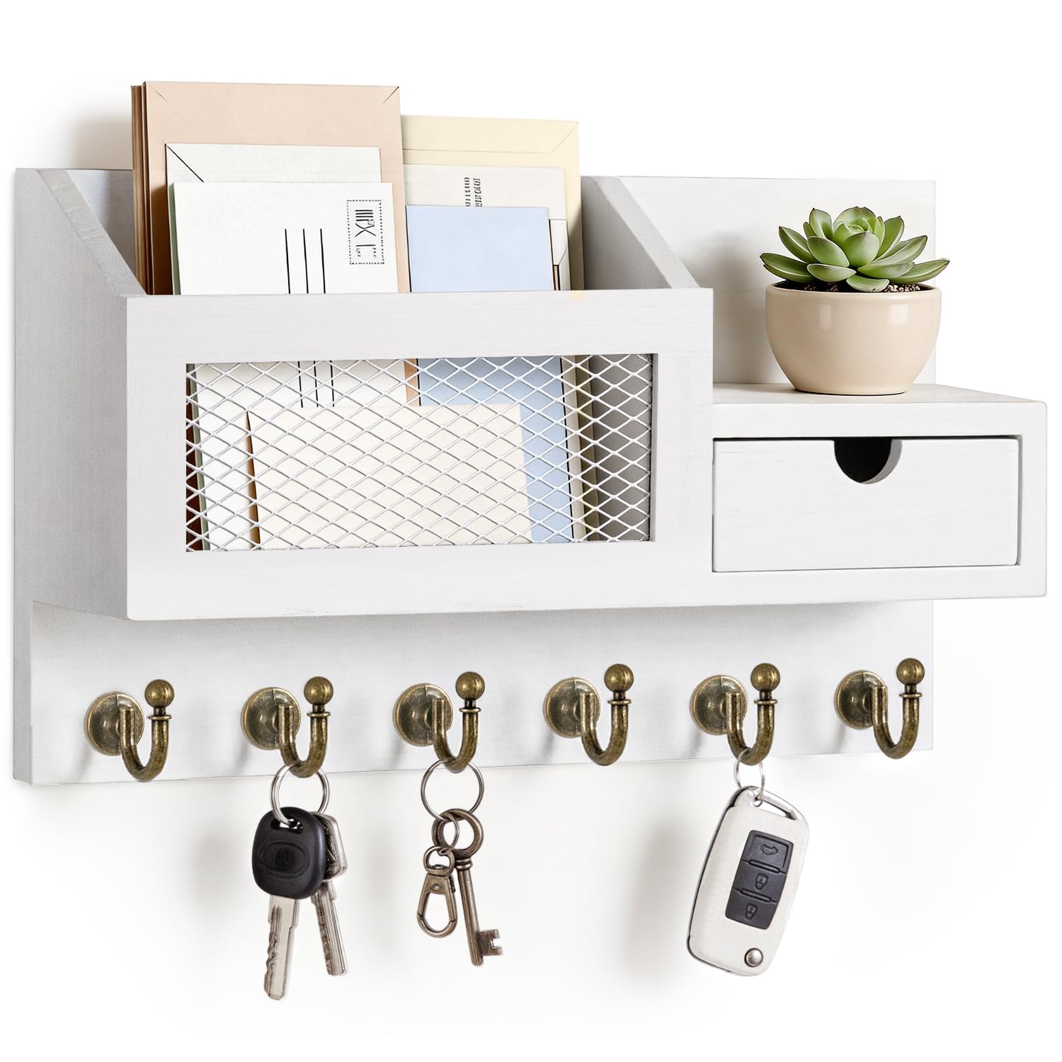 FifthQuarter Key and Mail Holder for Wall, Mail Organizer Wall Mount with 6 Hooks and Storage Drawer, Easy Installation Key Rack for Entryway and Home Decor (A-Black)